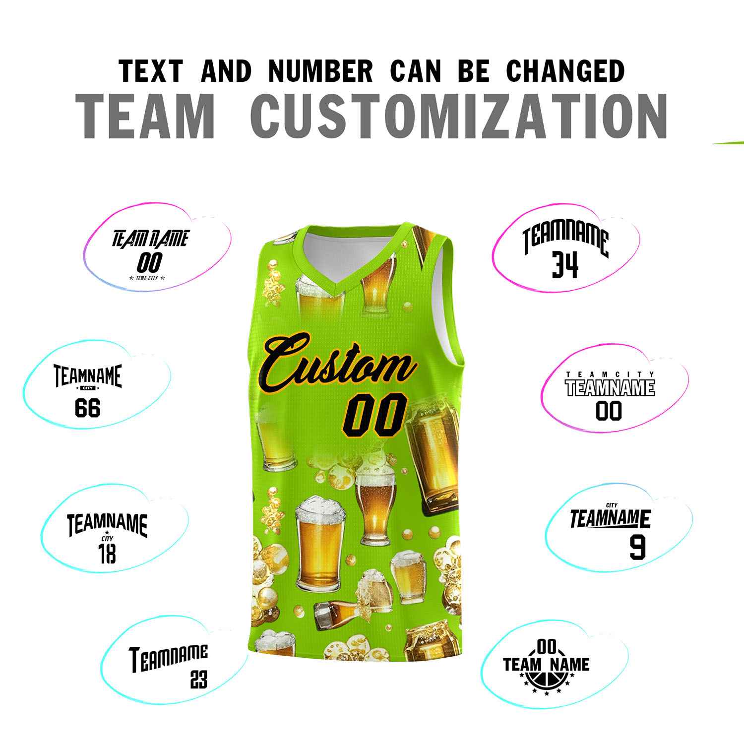 Custom Neon Green National Beer Day Personalized Beer Bubble Basketball Jersey | Perfect for parties | Dye-sublimation printing | KXKSHOP