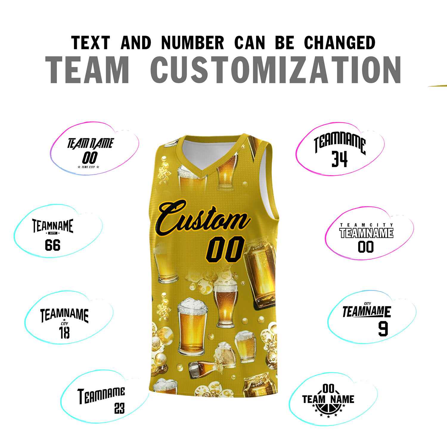 Custom Old Gold National Beer Day Personalized Beer Bubble Basketball Jersey | Perfect for parties | Dye-sublimation printing | KXKSHOP