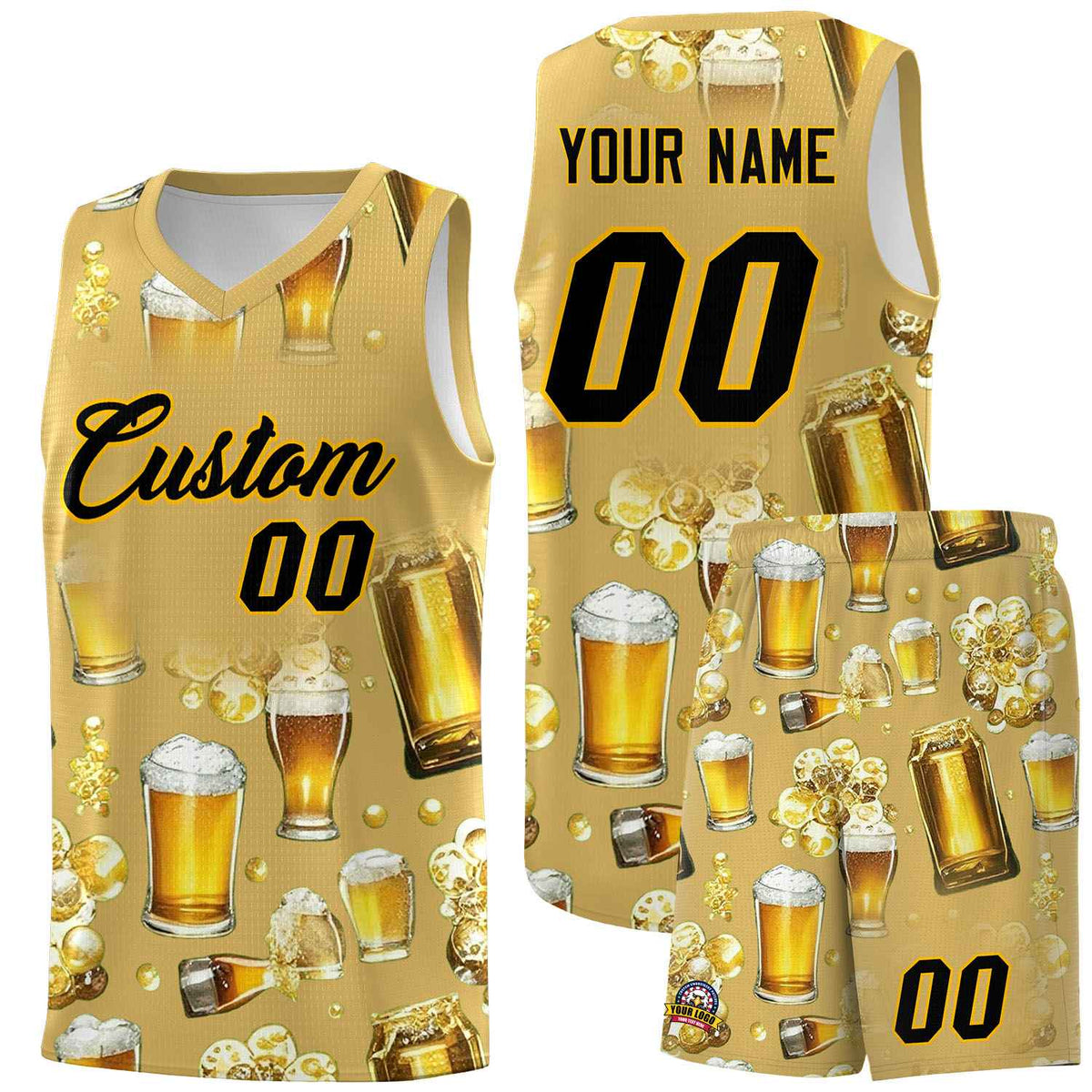Custom Old Gold National Beer Day Personalized Beer Bubble Basketball Jersey | Perfect for parties | Dye-sublimation printing | KXKSHOP