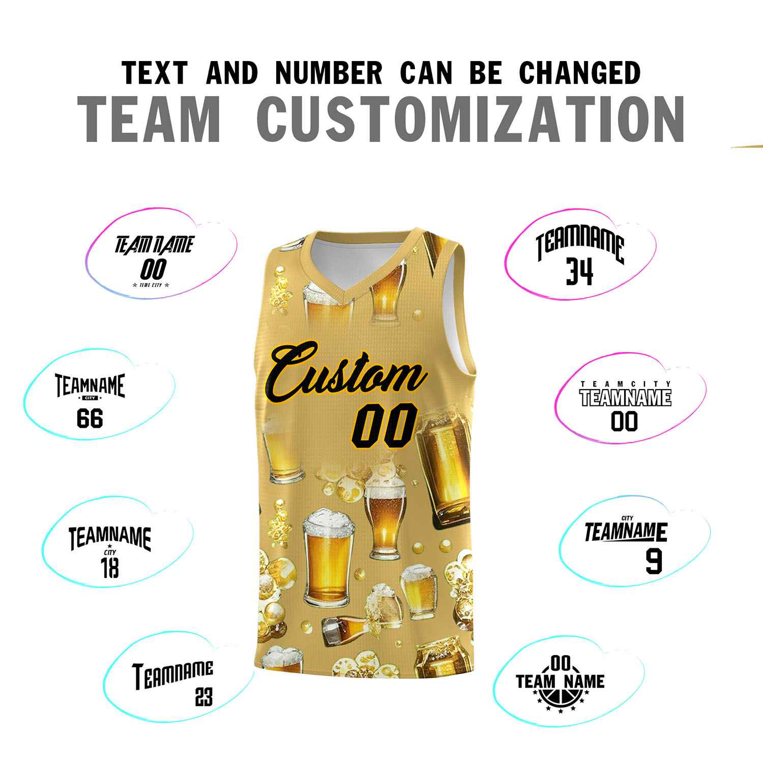 Custom Old Gold National Beer Day Personalized Beer Bubble Basketball Jersey | Perfect for parties | Dye-sublimation printing | KXKSHOP