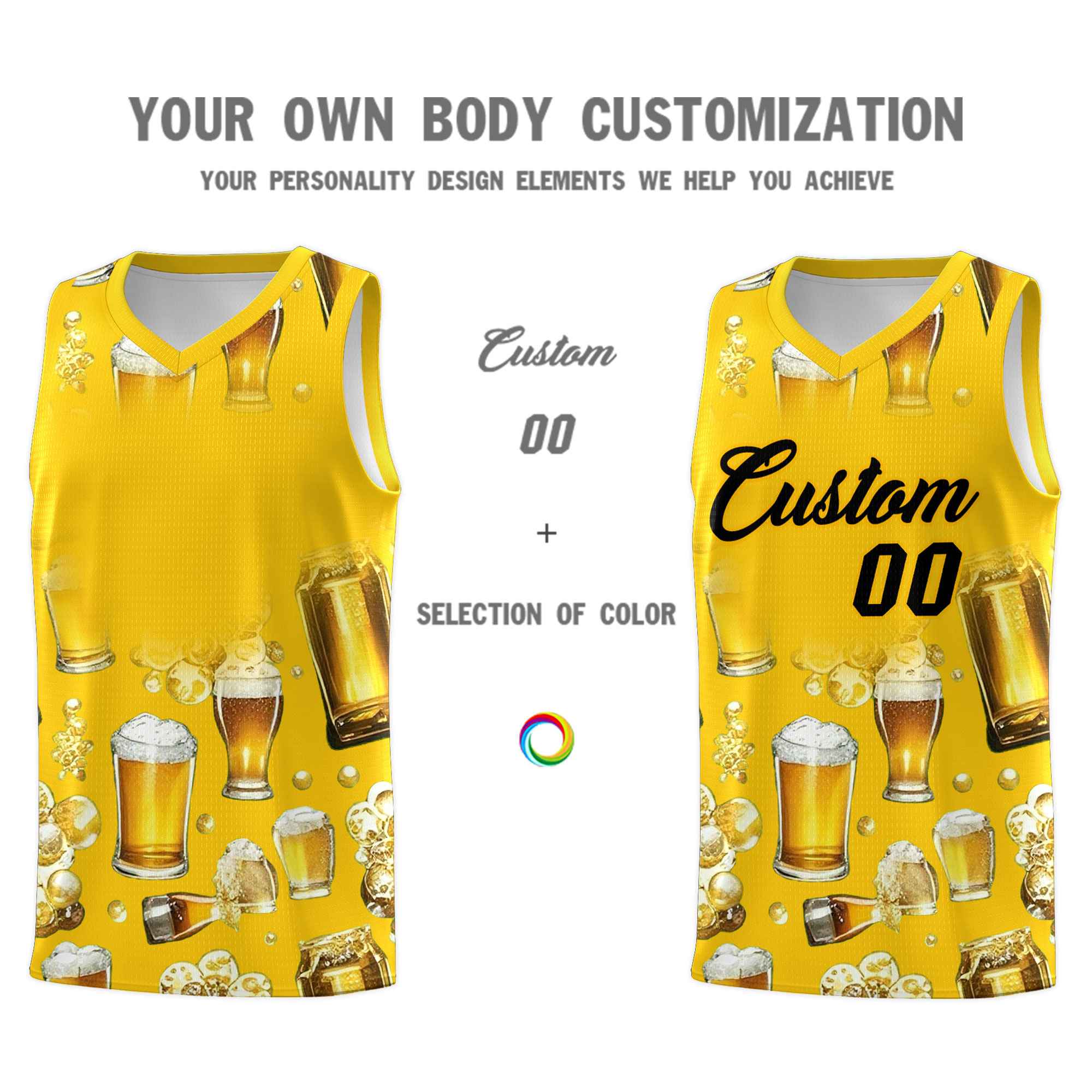 Custom Gold National Beer Day Personalized Beer Bubble Basketball Jersey | Perfect for parties | Dye-sublimation printing | KXKSHOP