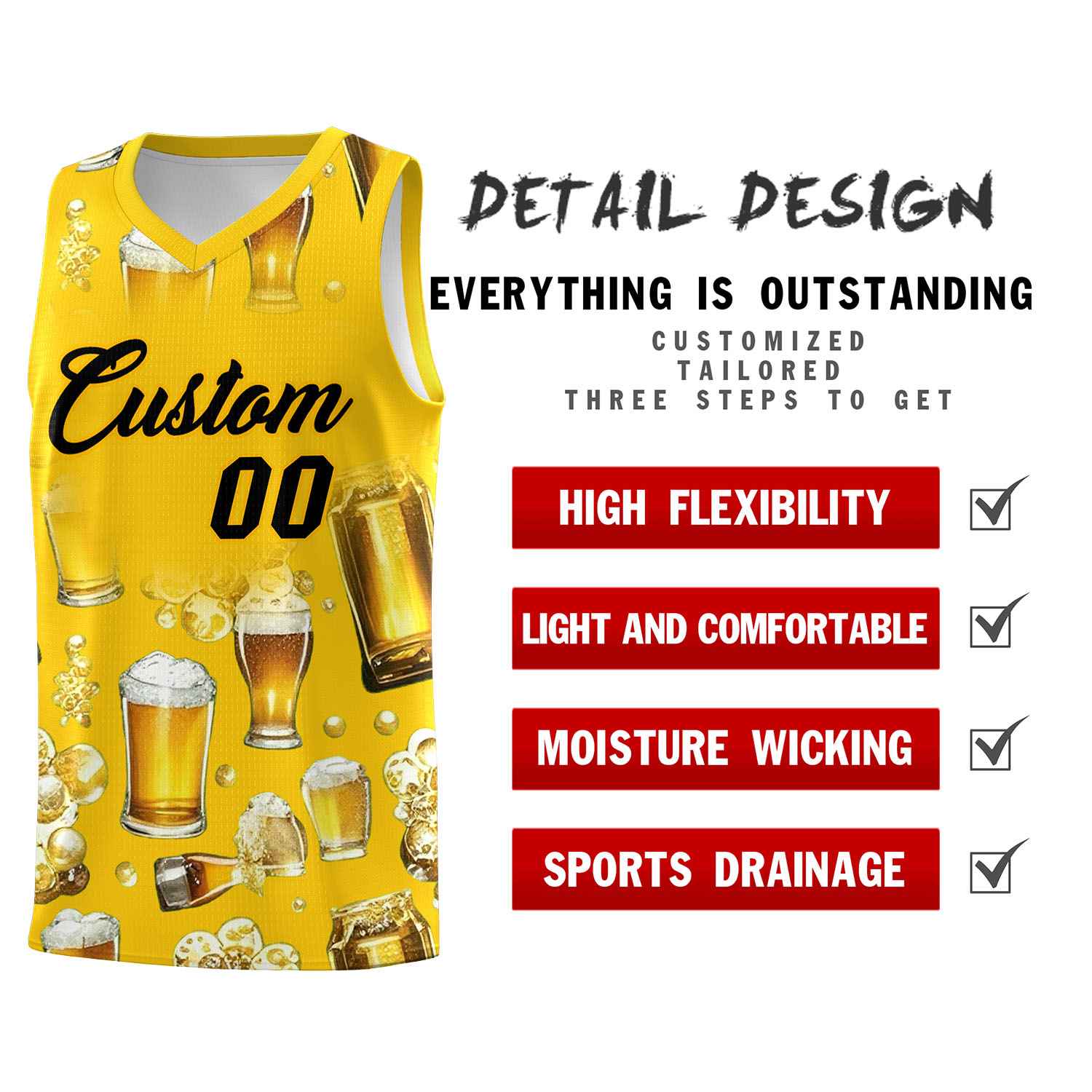 Custom Gold National Beer Day Personalized Beer Bubble Basketball Jersey | Perfect for parties | Dye-sublimation printing | KXKSHOP