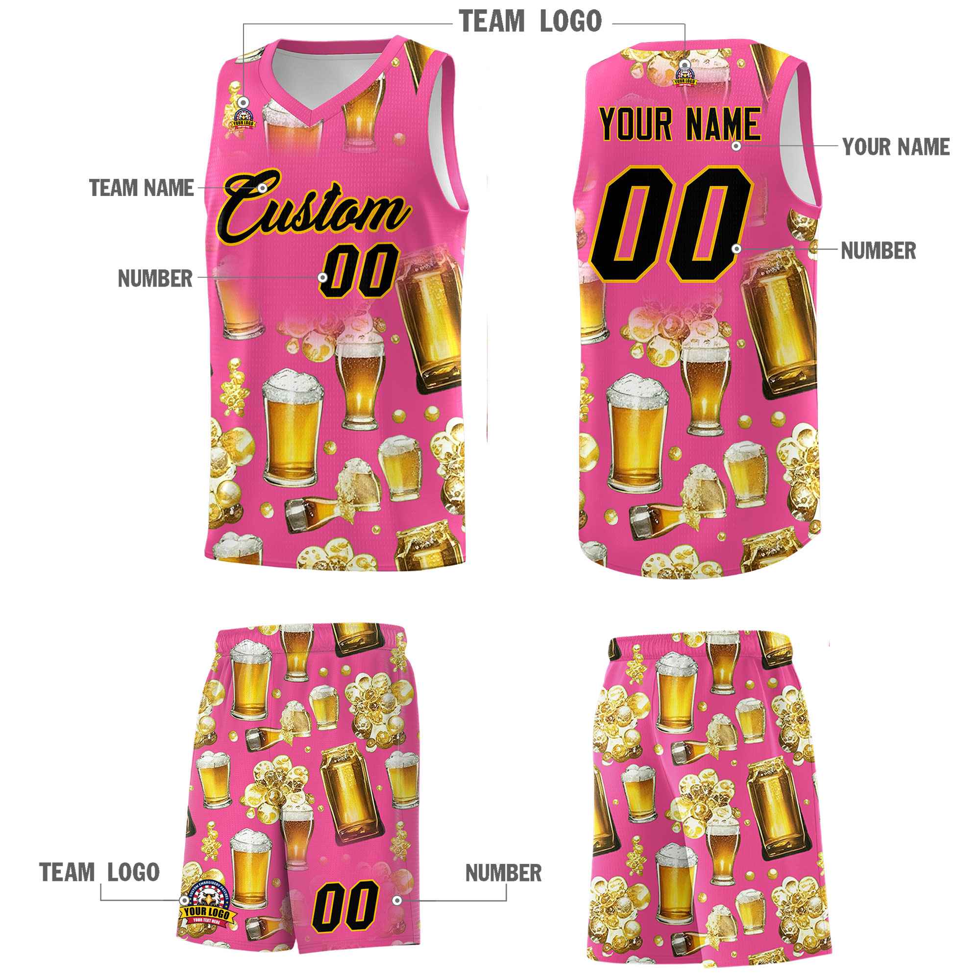 Custom Pink National Beer Day Personalized Beer Bubble Basketball Jersey | Perfect for parties | Dye-sublimation printing | KXKSHOP