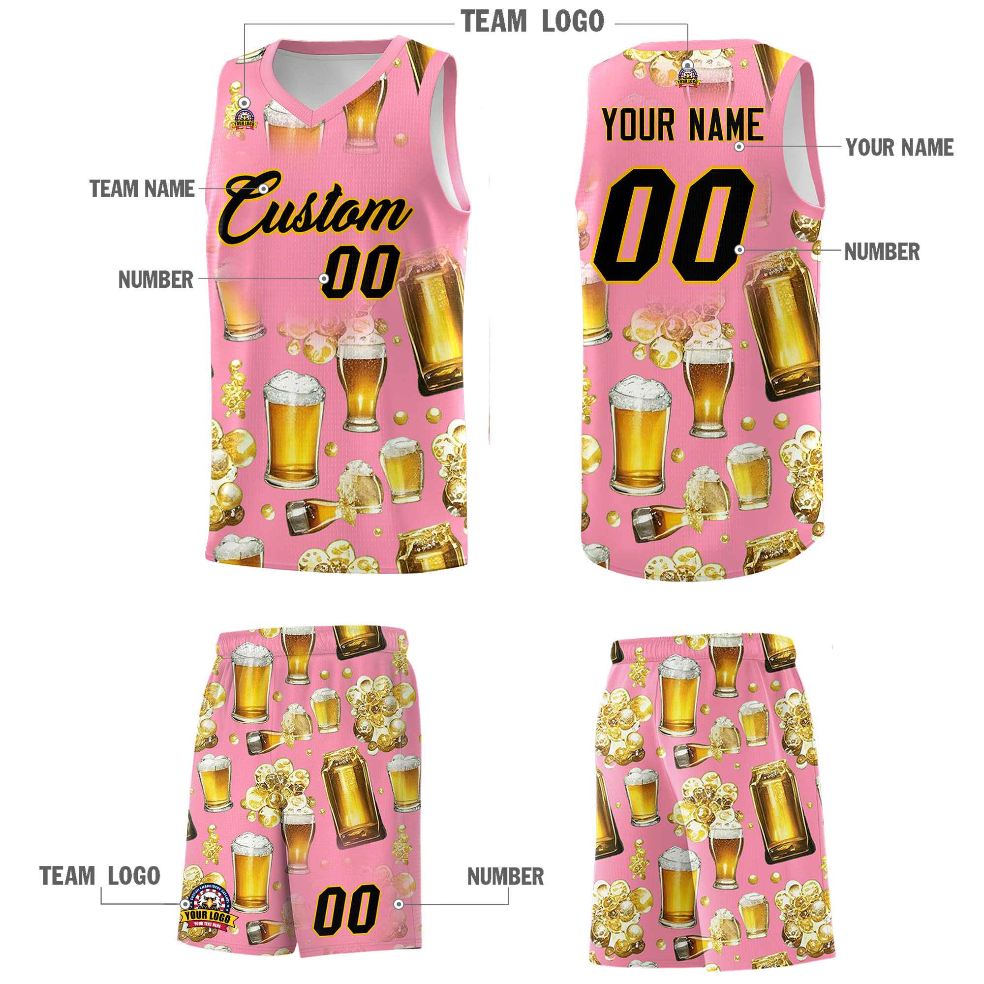 Custom Light Pink National Beer Day Personalized Beer Bubble Basketball Jersey | Perfect for parties | Dye-sublimation printing | KXKSHOP