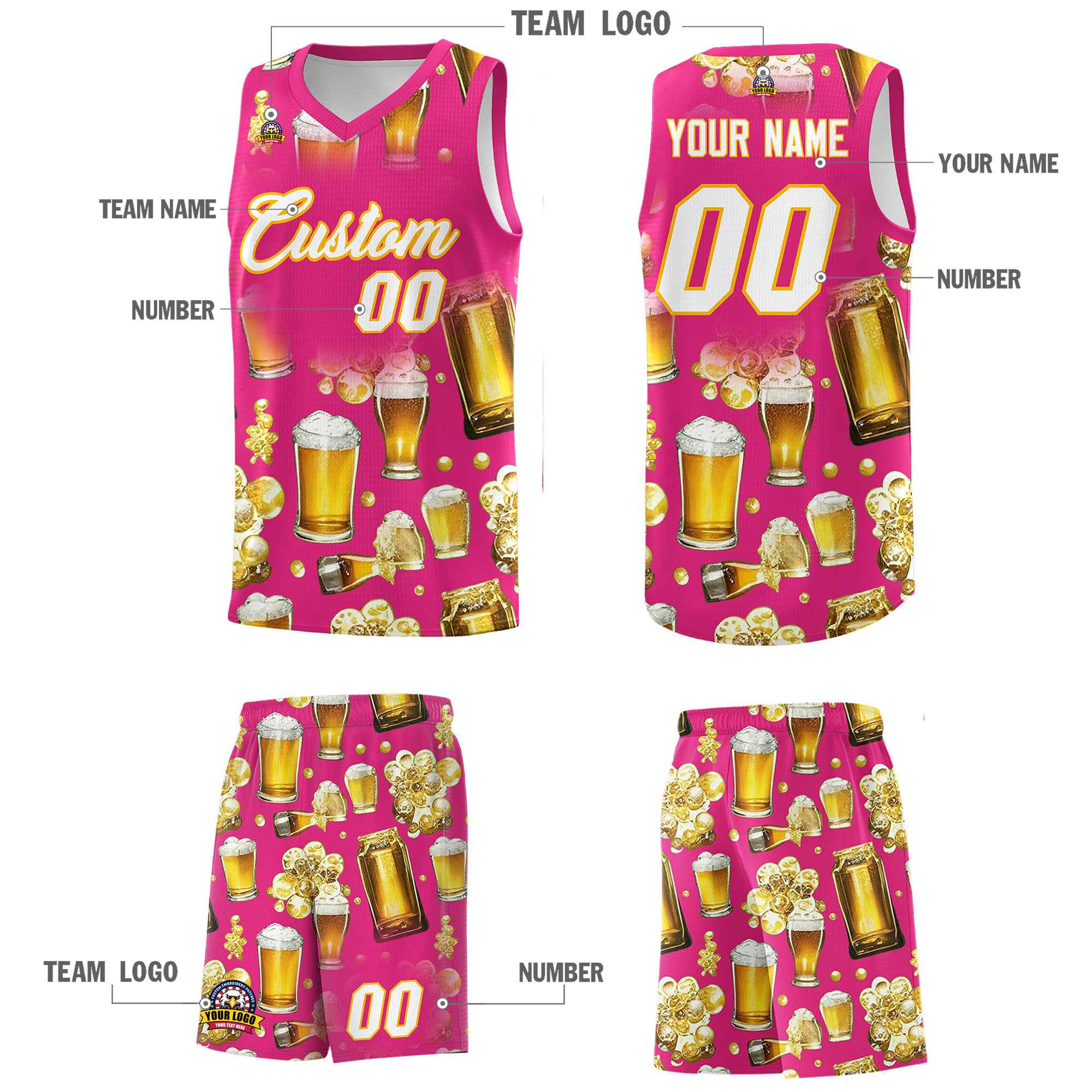 Custom Rose Red National Beer Day Personalized Beer Bubble Basketball Jersey | Perfect for parties | Dye-sublimation printing | KXKSHOP