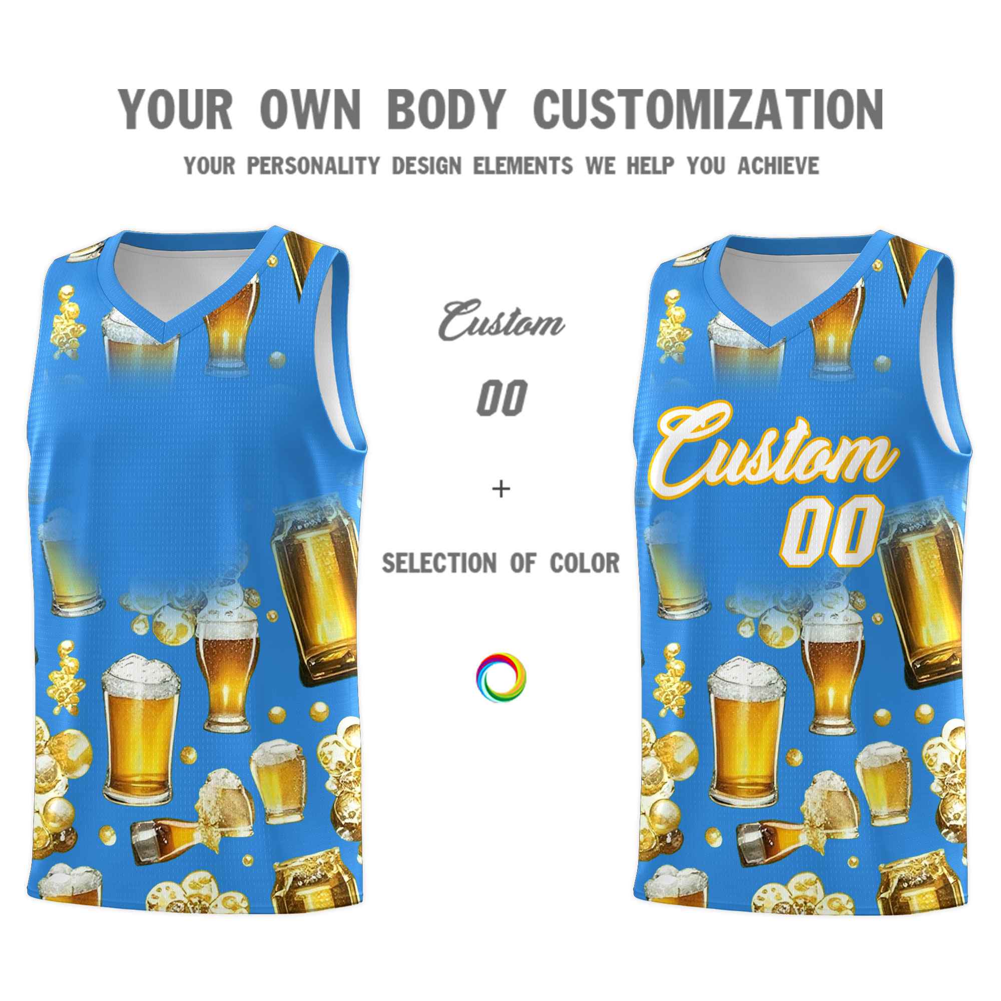 Custom Light Blue National Beer Day Personalized Beer Bubble Basketball Jersey | Perfect for parties | Dye-sublimation printing | KXKSHOP