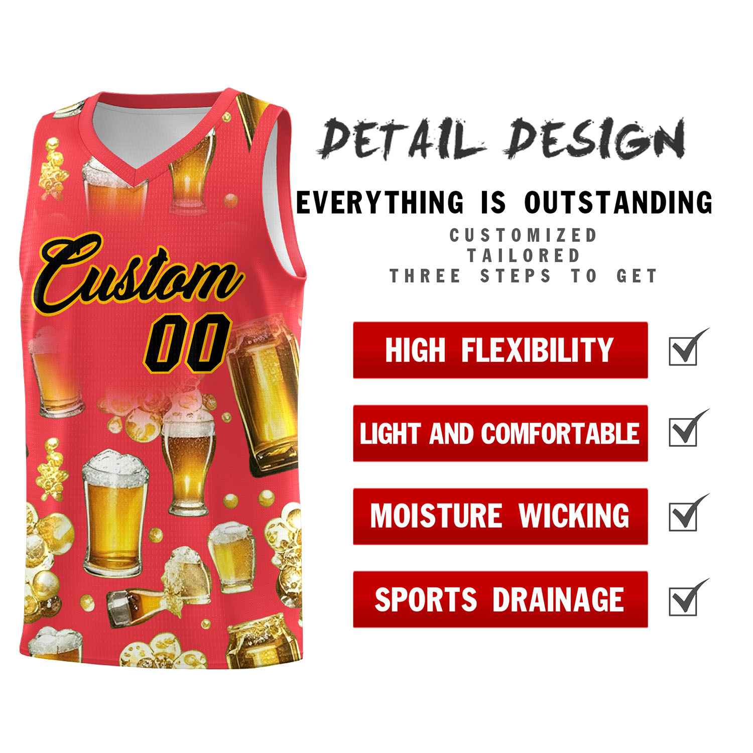 Custom Light Red National Beer Day Personalized Beer Bubble Basketball Jersey | Perfect for parties | Dye-sublimation printing | KXKSHOP