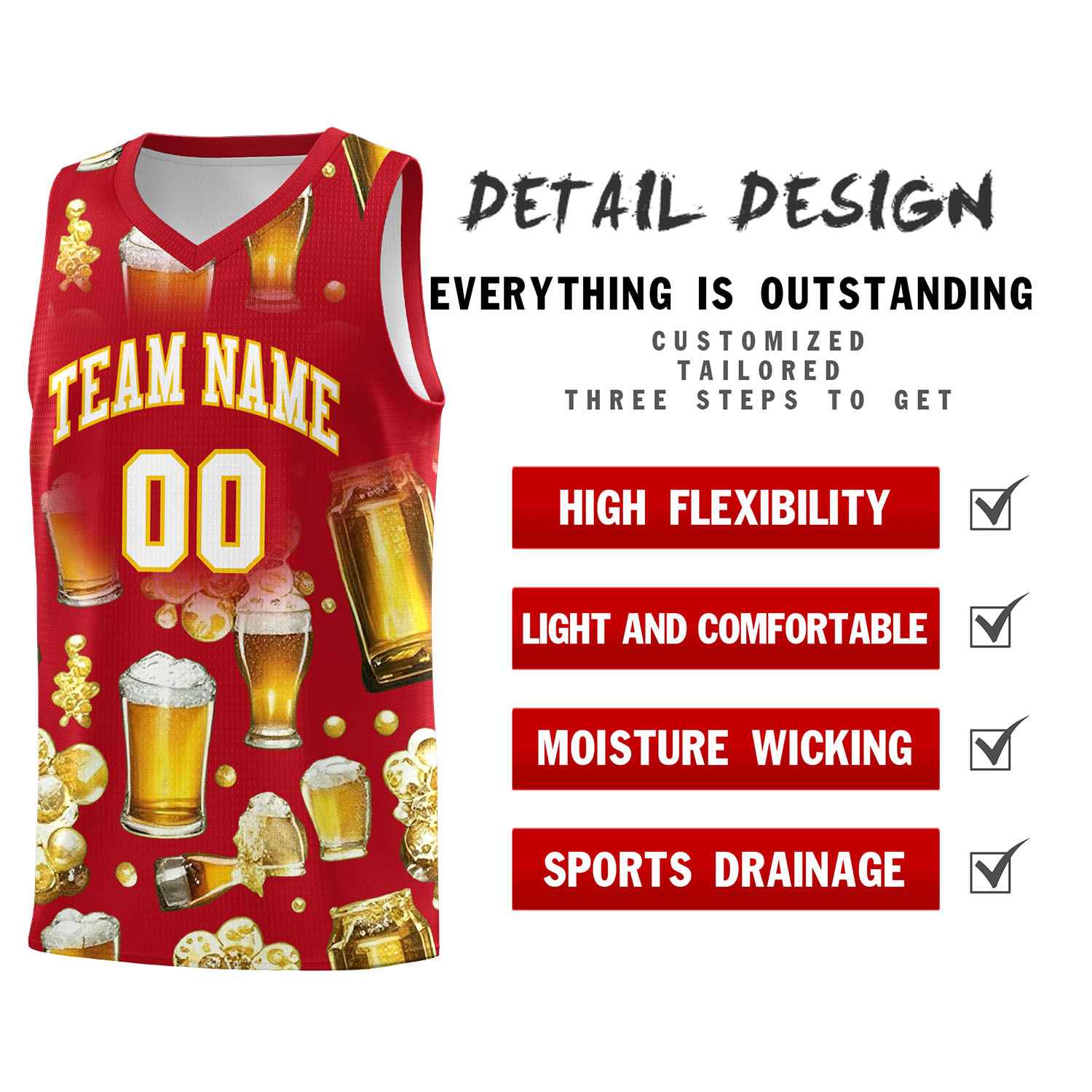 Custom Red National Beer Day Personalized Beer Bubble Basketball Jersey | Perfect for parties | Dye-sublimation printing | KXKSHOP