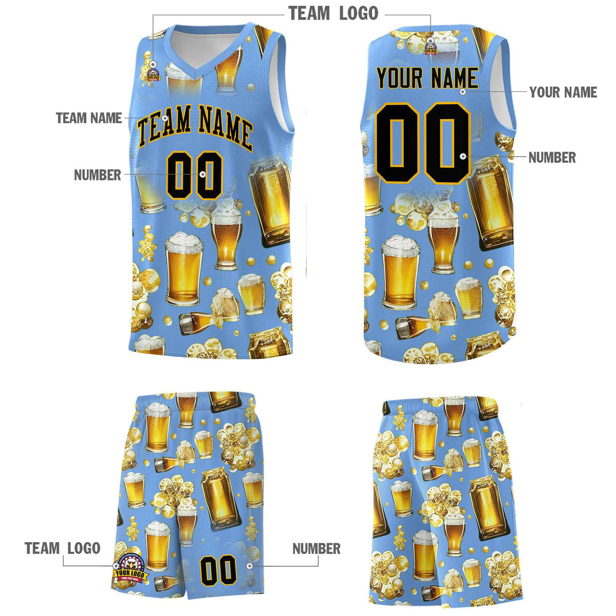 Custom Light Blue National Beer Day Personalized Beer Bubble Basketball Jersey | Perfect for parties | Dye-sublimation printing | KXKSHOP