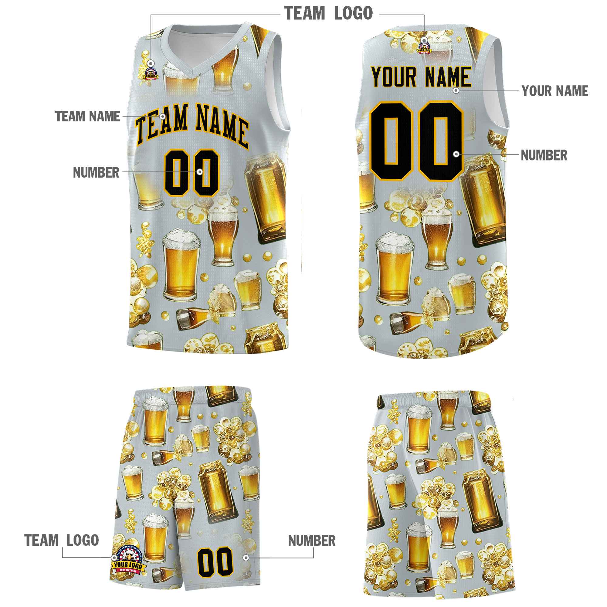 Custom Silver National Beer Day Personalized Beer Bubble Basketball Jersey | Perfect for parties | Dye-sublimation printing | KXKSHOP