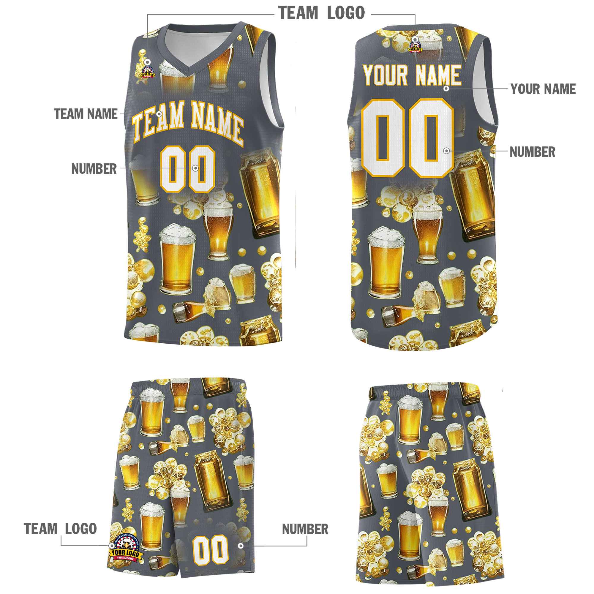 Custom Gray National Beer Day Personalized Beer Bubble Basketball Jersey | Perfect for parties | Dye-sublimation printing | KXKSHOP