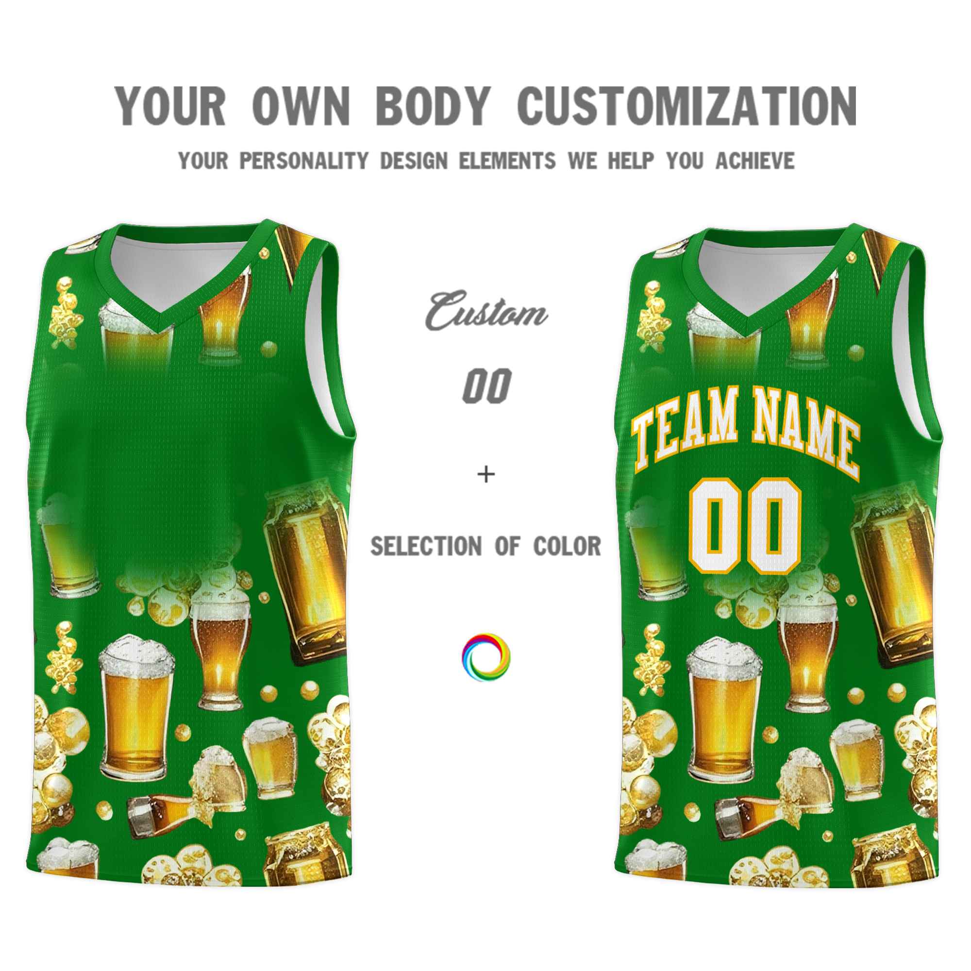 Custom Kelly Green-02 National Beer Day Personalized Beer Bubble Basketball Jersey | Perfect for parties | Dye-sublimation printing | KXKSHOP