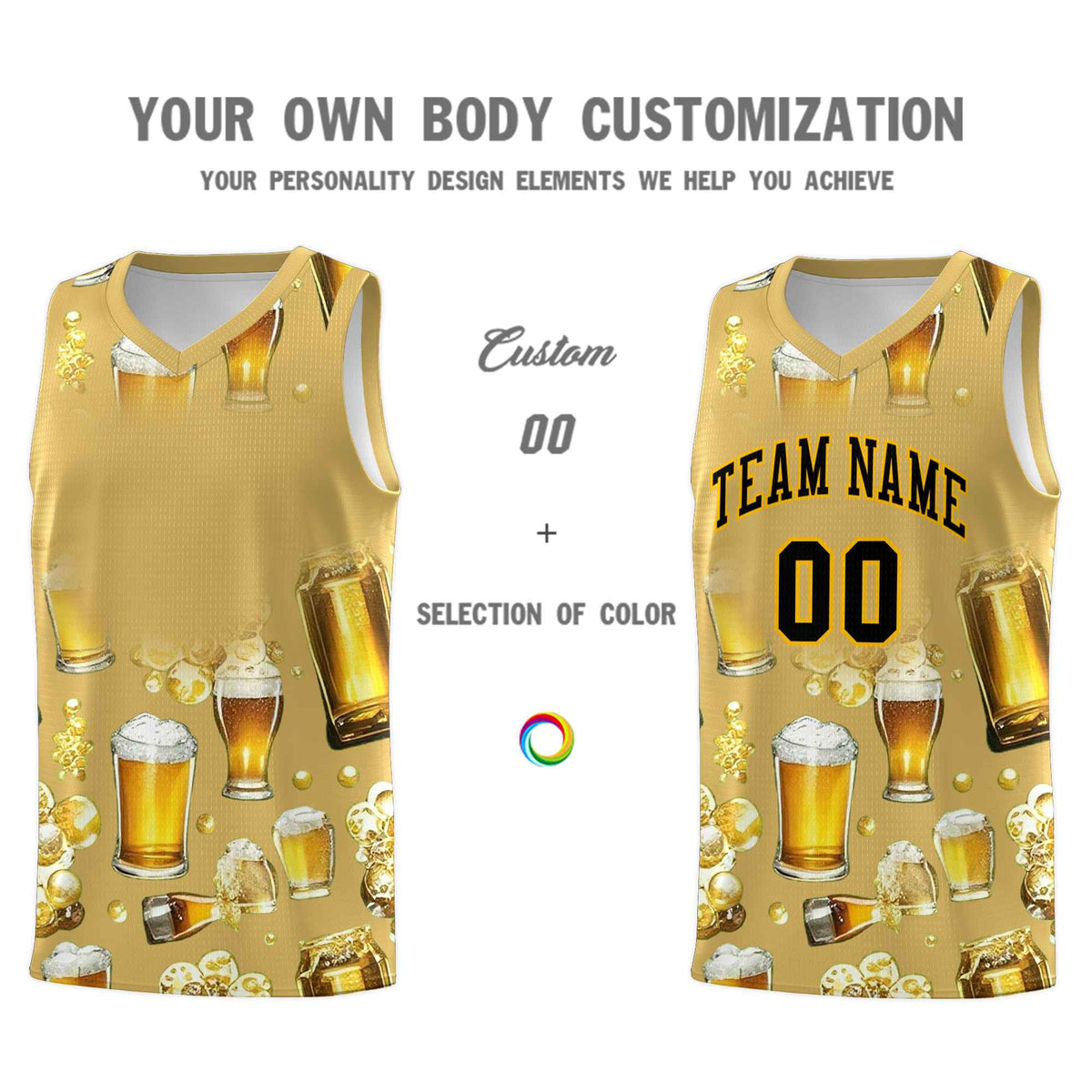 Custom Old Gold National Beer Day Personalized Beer Bubble Basketball Jersey | Perfect for parties | Dye-sublimation printing | KXKSHOP