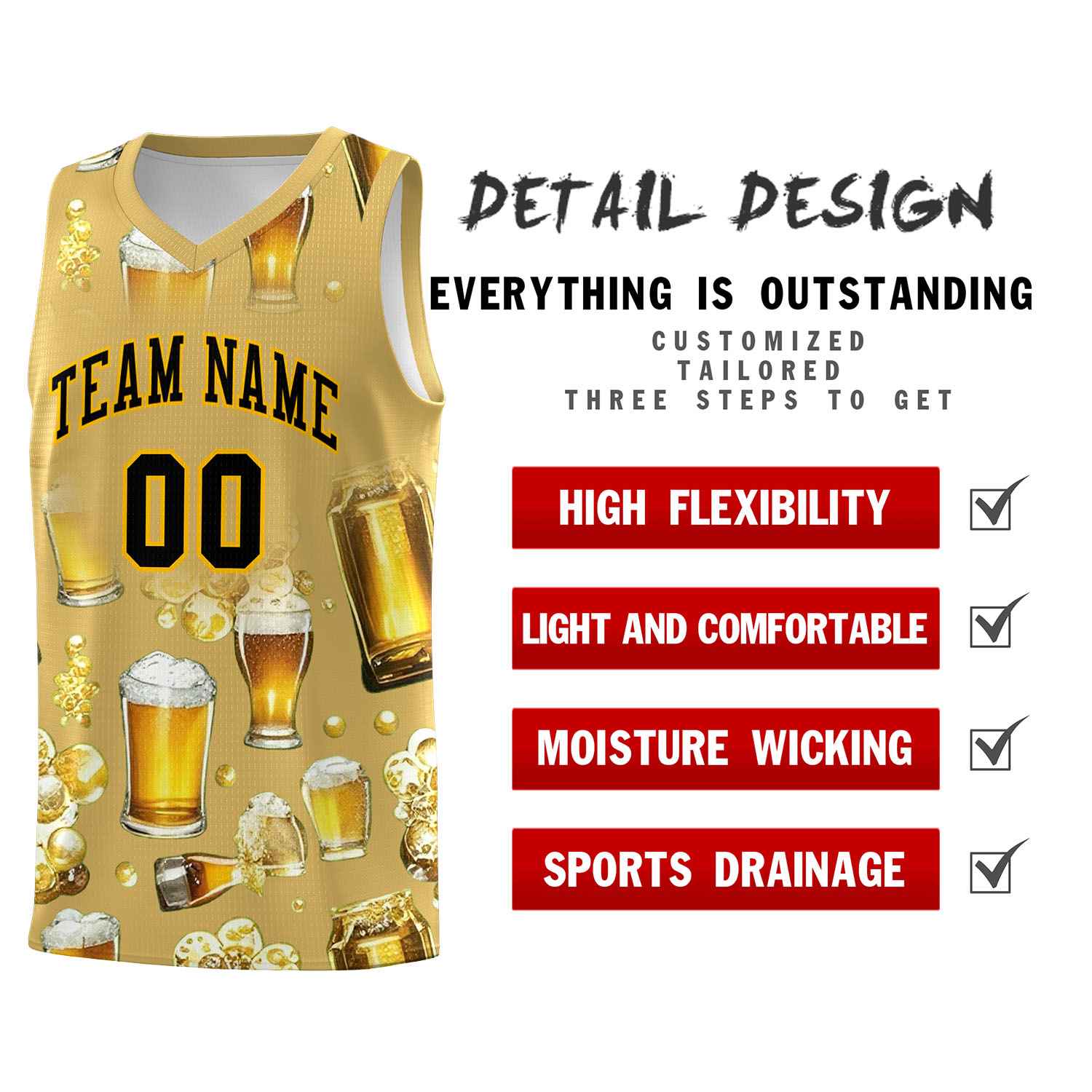 Custom Old Gold National Beer Day Personalized Beer Bubble Basketball Jersey | Perfect for parties | Dye-sublimation printing | KXKSHOP