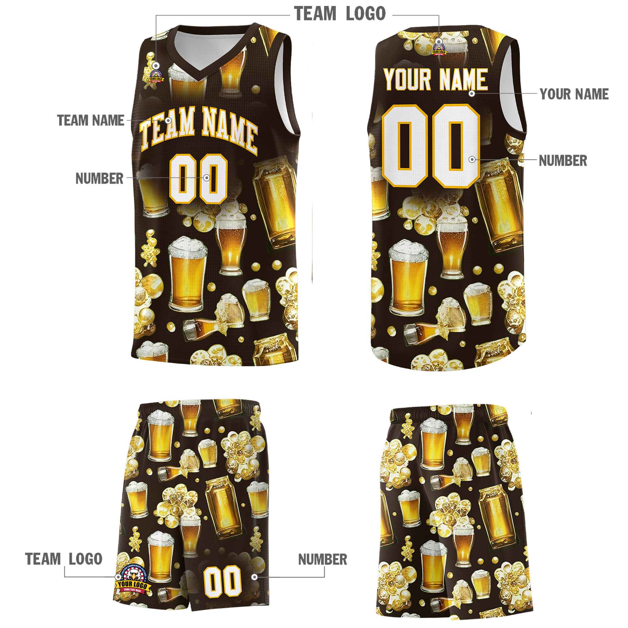 Custom Brown National Beer Day Personalized Beer Bubble Basketball Jersey | Perfect for parties | Dye-sublimation printing | KXKSHOP