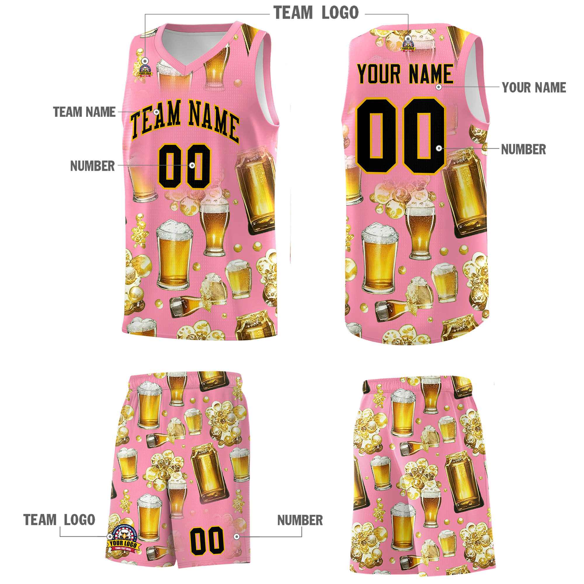 Custom Light Pink National Beer Day Personalized Beer Bubble Basketball Jersey | Perfect for parties | Dye-sublimation printing | KXKSHOP