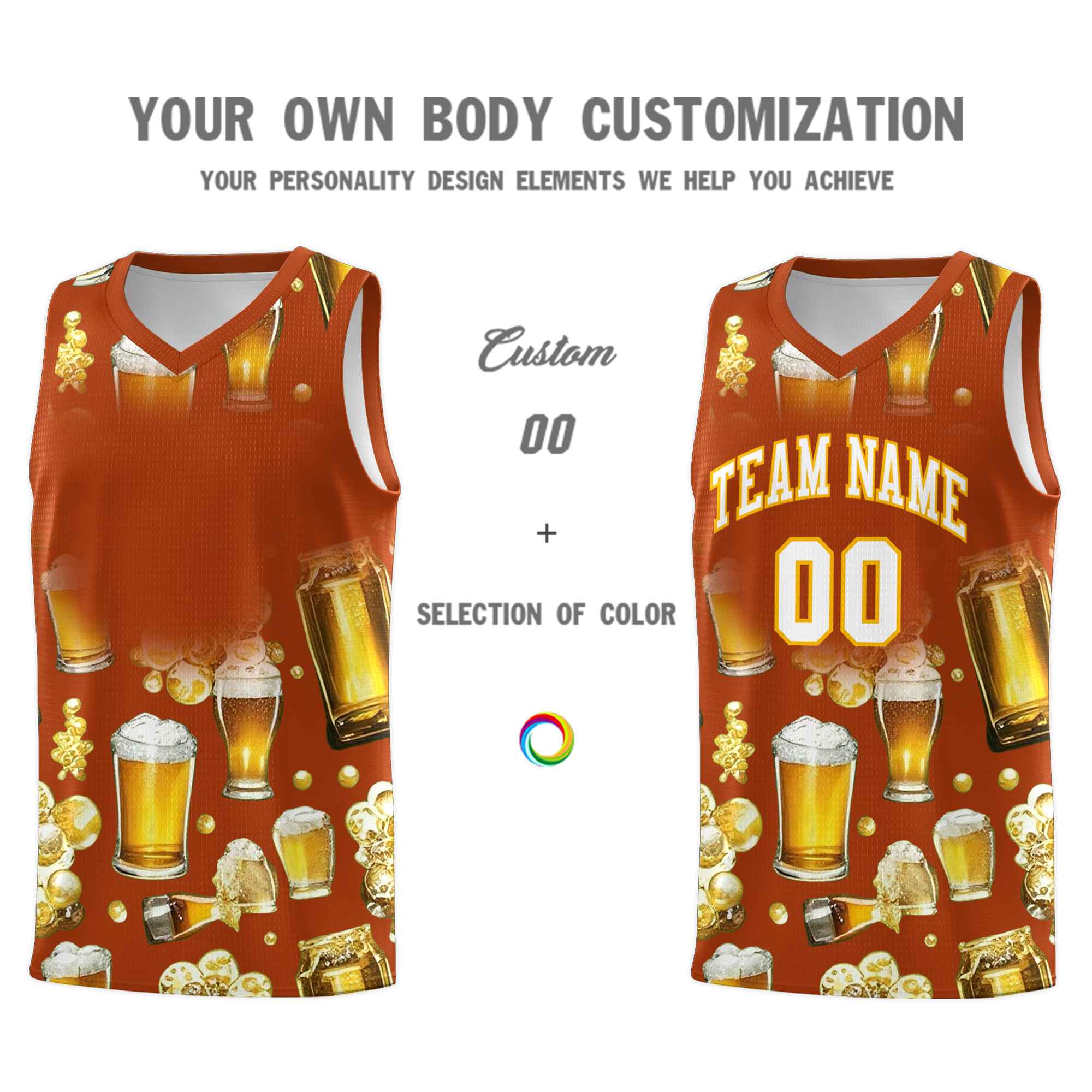 Custom Dark Orange National Beer Day Personalized Beer Bubble Basketball Jersey | Perfect for parties | Dye-sublimation printing | KXKSHOP
