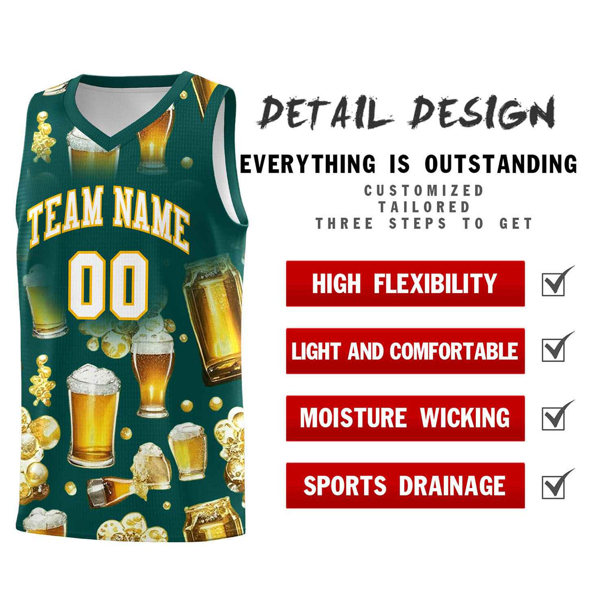Custom Midnight Green National Beer Day Personalized Beer Bubble Basketball Jersey | Perfect for parties | Dye-sublimation printing | KXKSHOP