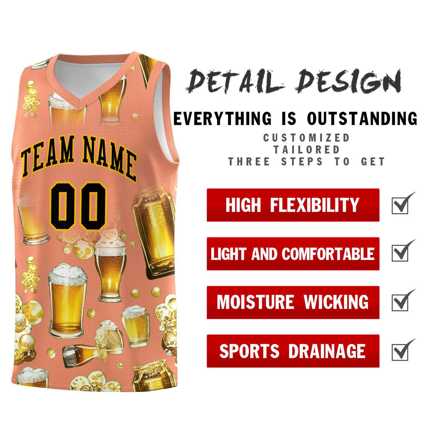 Custom Light Orange National Beer Day Personalized Beer Bubble Basketball Jersey | Perfect for parties | Dye-sublimation printing | KXKSHOP