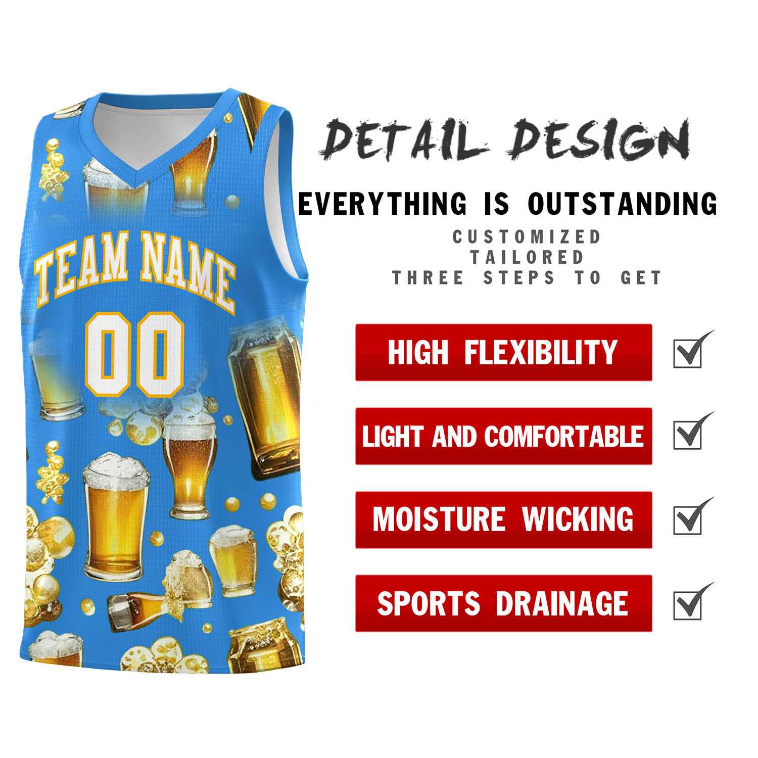 Custom Light Blue National Beer Day Personalized Beer Bubble Basketball Jersey | Perfect for parties | Dye-sublimation printing | KXKSHOP
