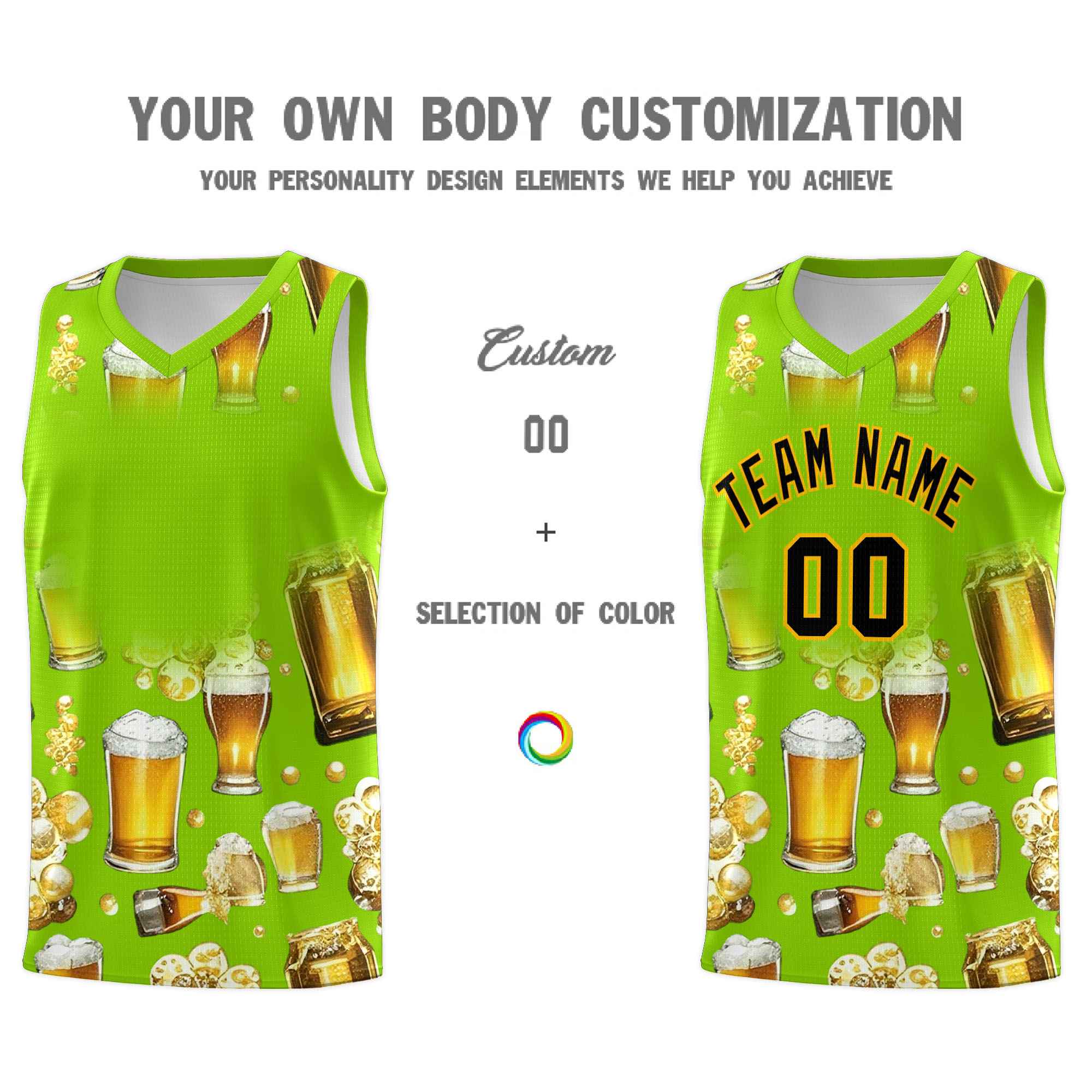 Custom Neon Green National Beer Day Personalized Beer Bubble Basketball Jersey | Perfect for parties | Dye-sublimation printing | KXKSHOP