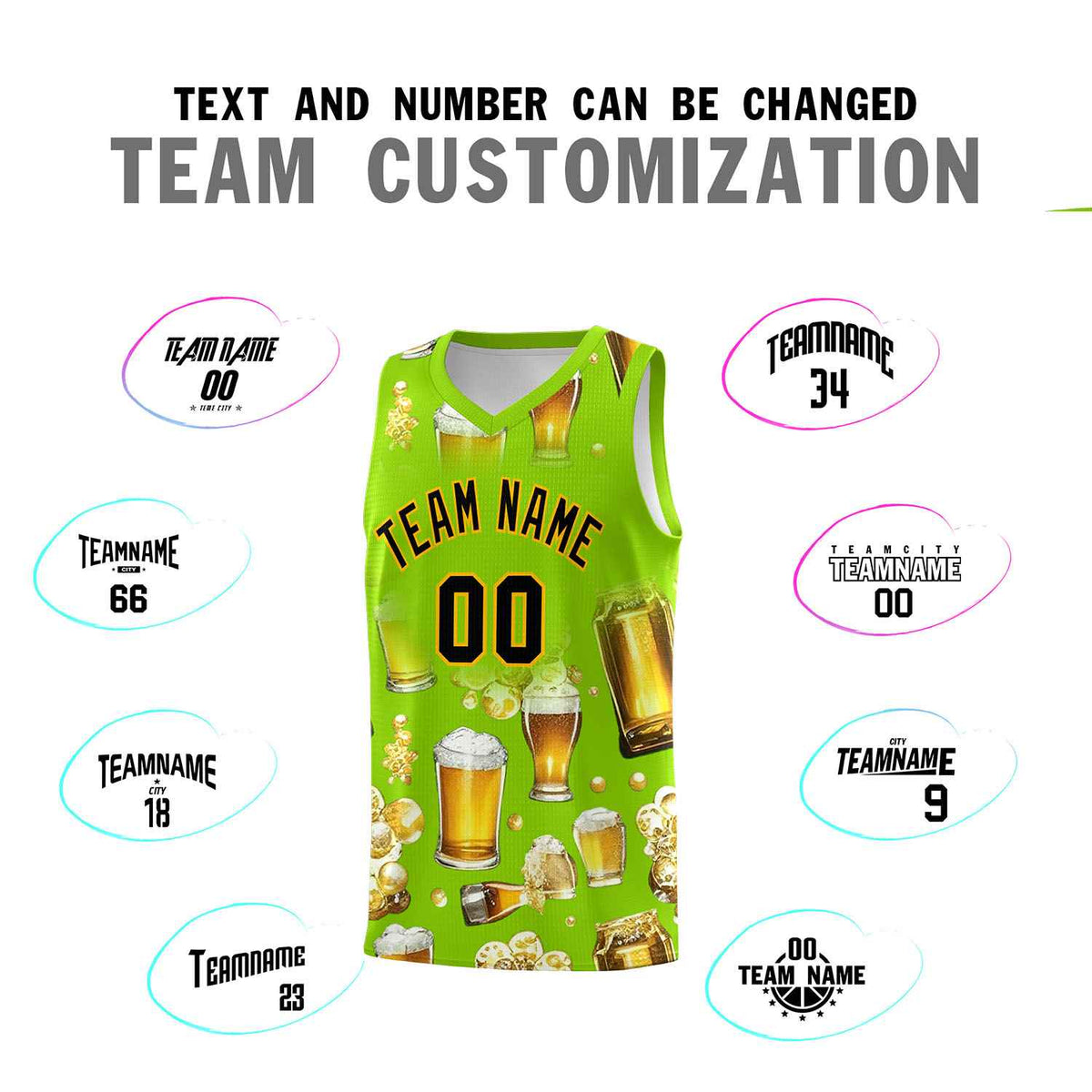 Custom Neon Green National Beer Day Personalized Beer Bubble Basketball Jersey | Perfect for parties | Dye-sublimation printing | KXKSHOP
