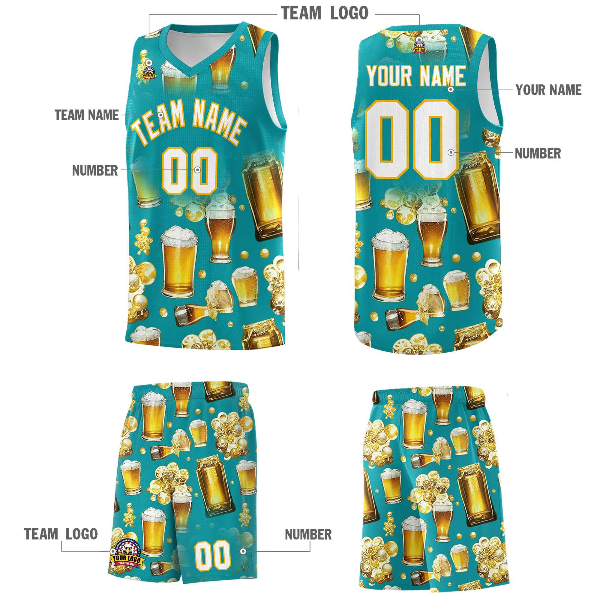 Custom Teal National Beer Day Personalized Beer Bubble Basketball Jersey | Perfect for parties | Dye-sublimation printing | KXKSHOP