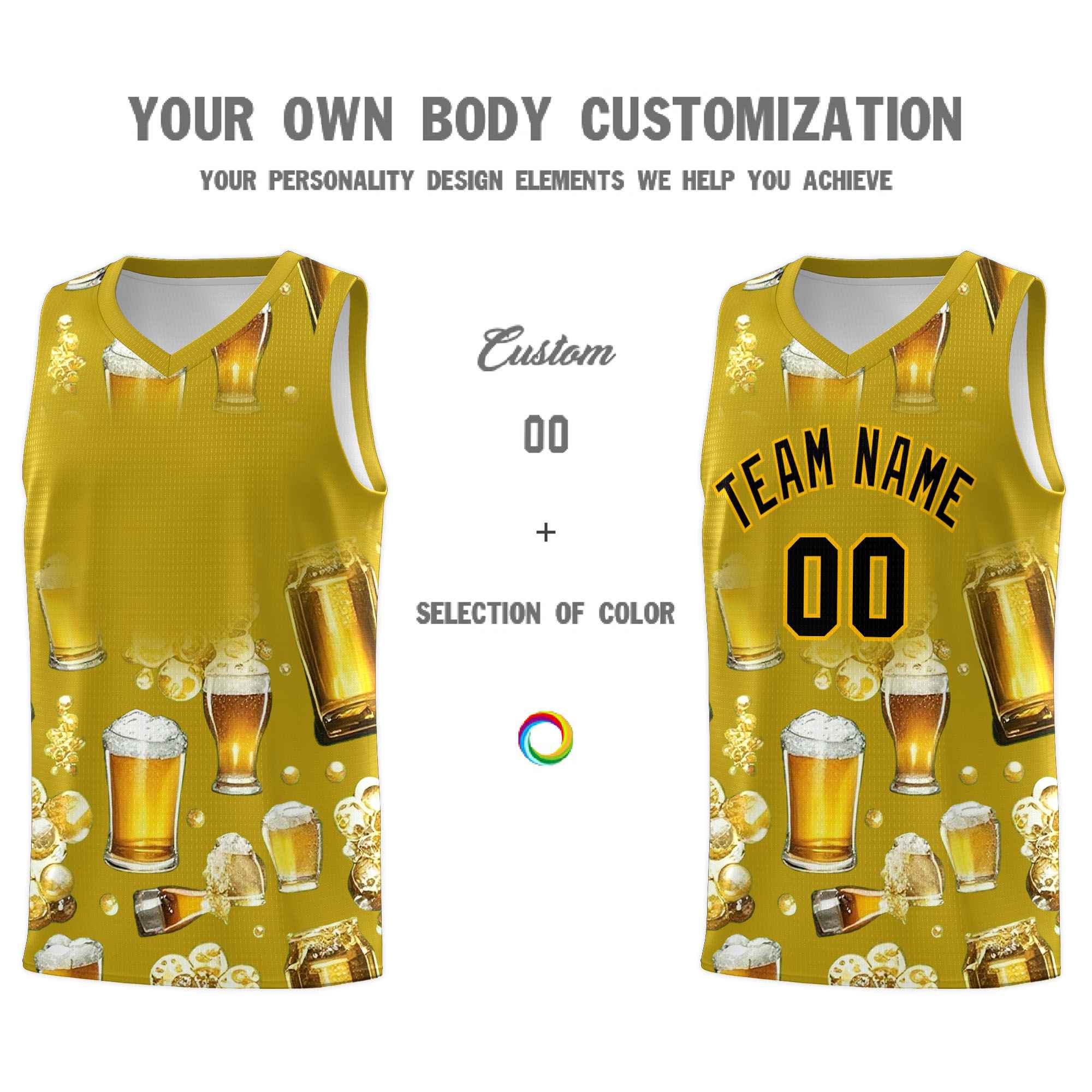 Custom Old Gold National Beer Day Personalized Beer Bubble Basketball Jersey | Perfect for parties | Dye-sublimation printing | KXKSHOP
