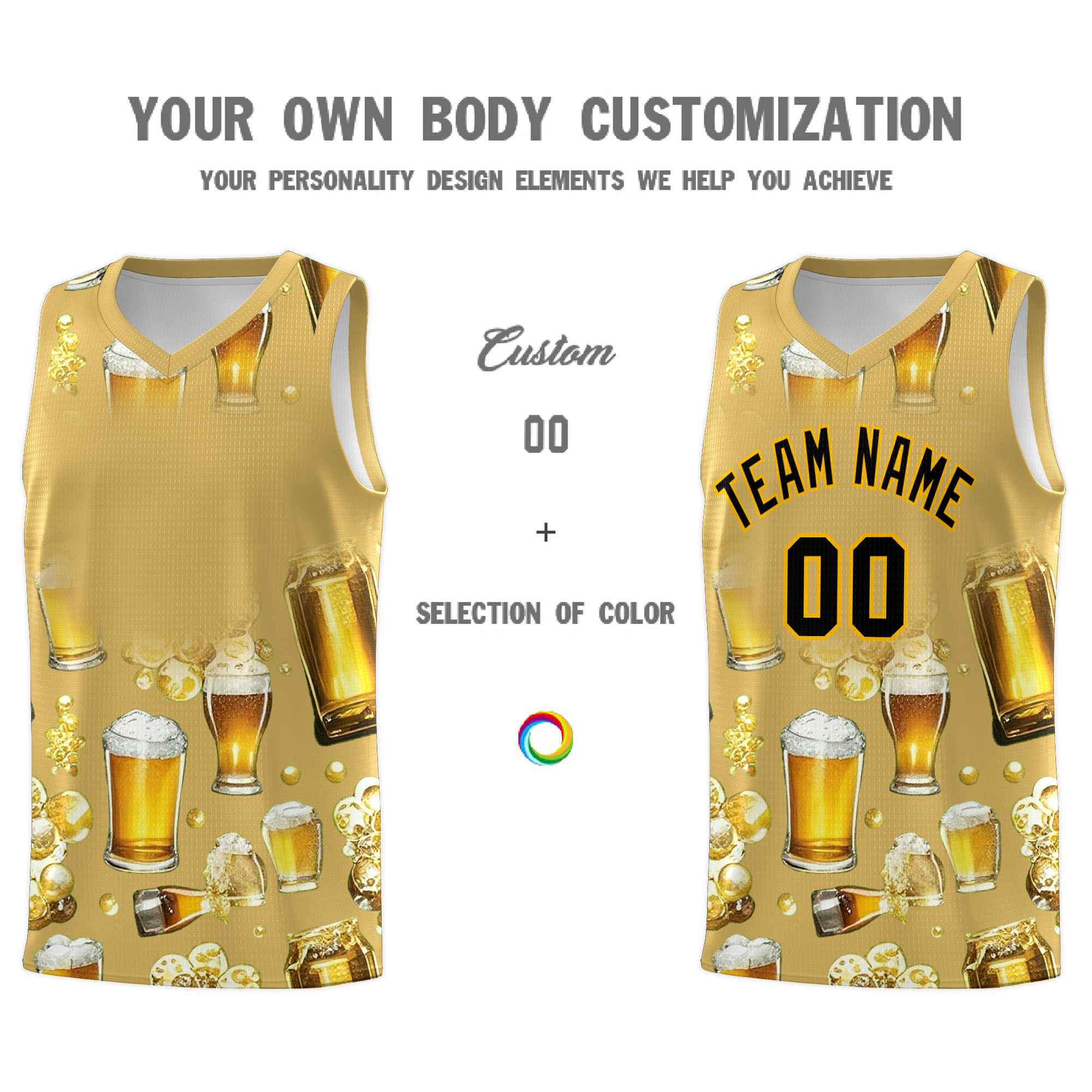 Custom Old Gold National Beer Day Personalized Beer Bubble Basketball Jersey | Perfect for parties | Dye-sublimation printing | KXKSHOP