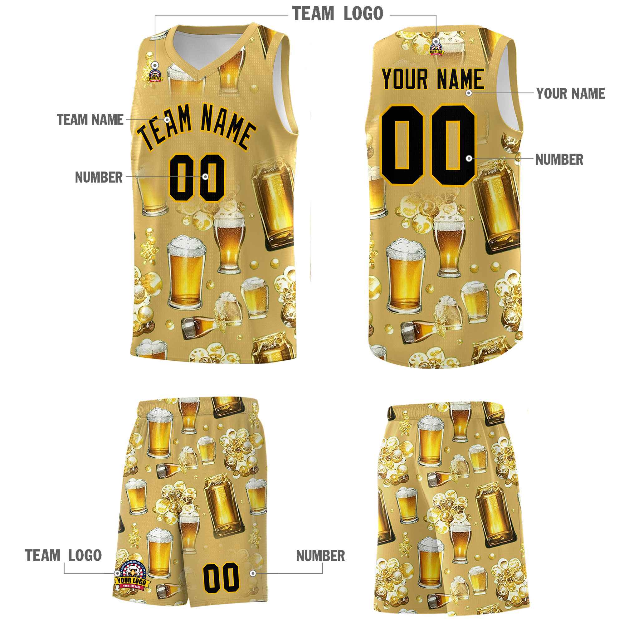 Custom Old Gold National Beer Day Personalized Beer Bubble Basketball Jersey | Perfect for parties | Dye-sublimation printing | KXKSHOP