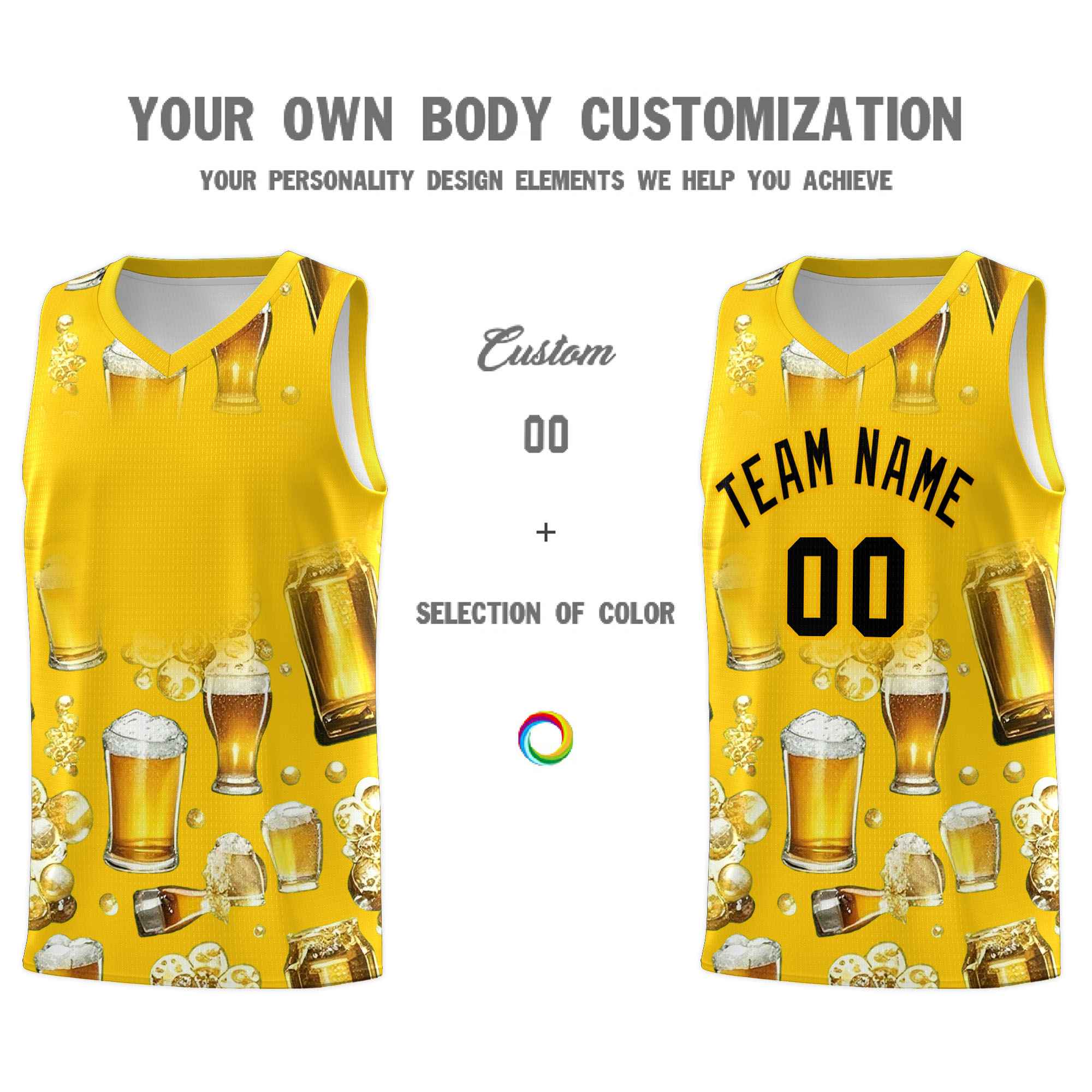 Custom Gold National Beer Day Personalized Beer Bubble Basketball Jersey | Perfect for parties | Dye-sublimation printing | KXKSHOP