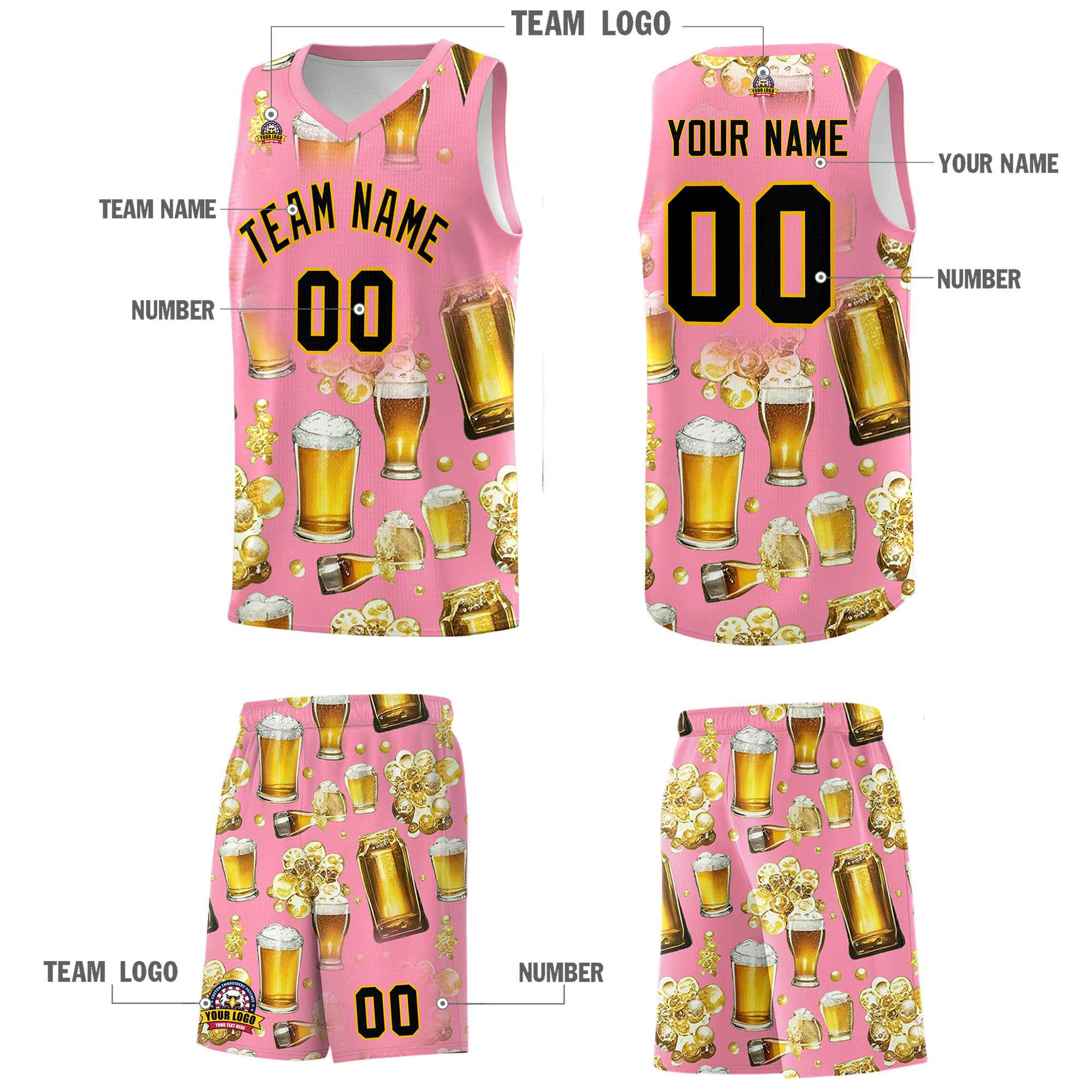 Custom Light Pink National Beer Day Personalized Beer Bubble Basketball Jersey | Perfect for parties | Dye-sublimation printing | KXKSHOP