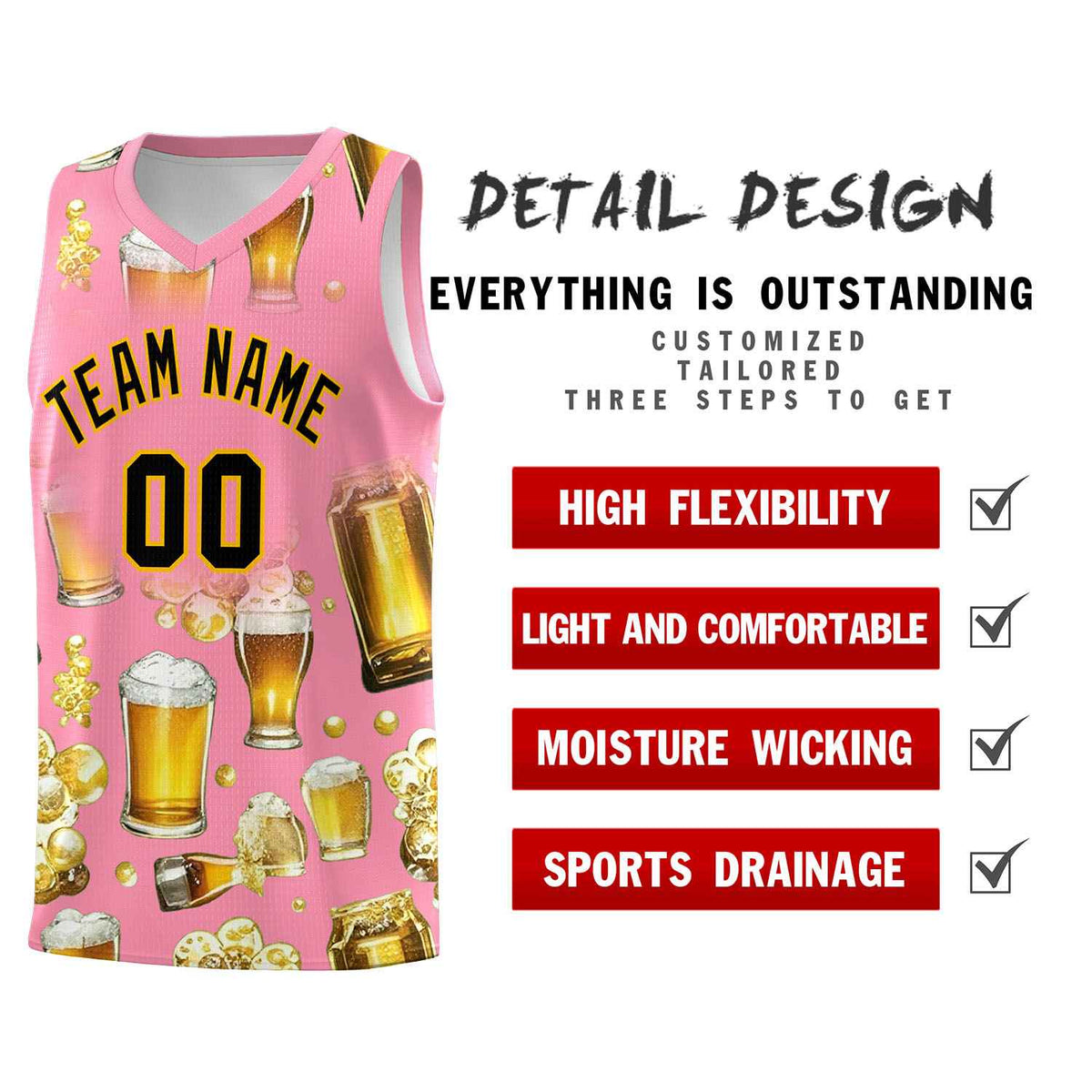 Custom Light Pink National Beer Day Personalized Beer Bubble Basketball Jersey | Perfect for parties | Dye-sublimation printing | KXKSHOP