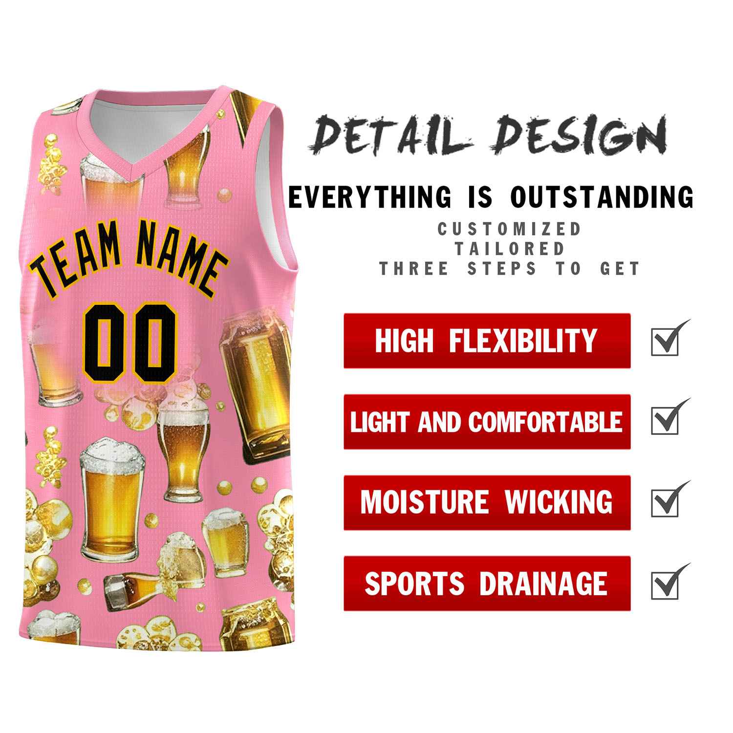 Custom Light Pink National Beer Day Personalized Beer Bubble Basketball Jersey | Perfect for parties | Dye-sublimation printing | KXKSHOP