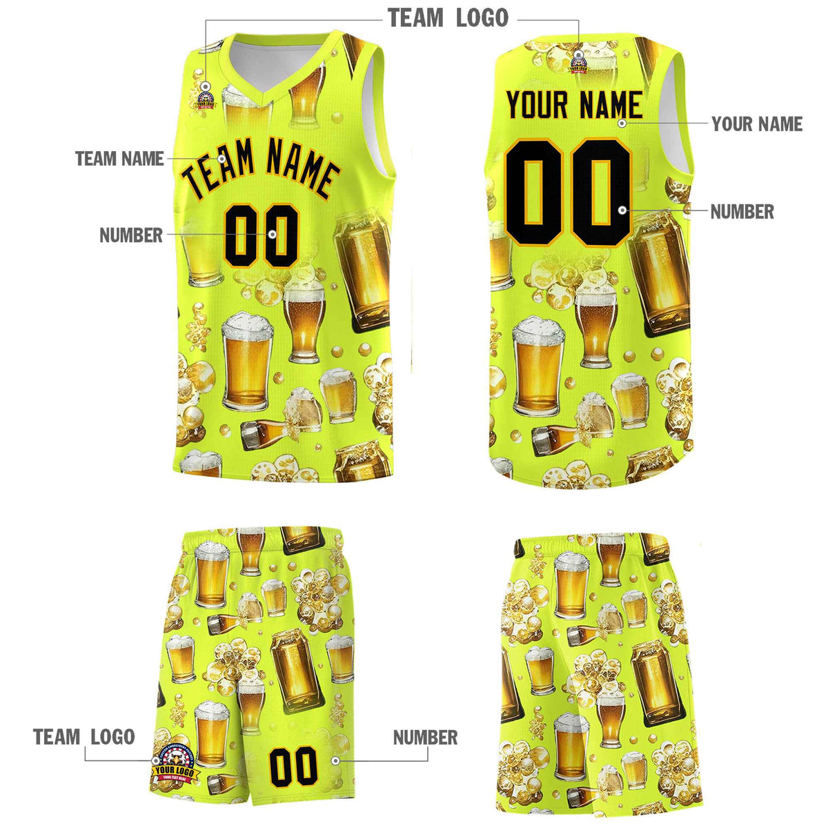 Custom Fluorescent Green National Beer Day Personalized Beer Bubble Basketball Jersey | Perfect for parties | Dye-sublimation printing | KXKSHOP