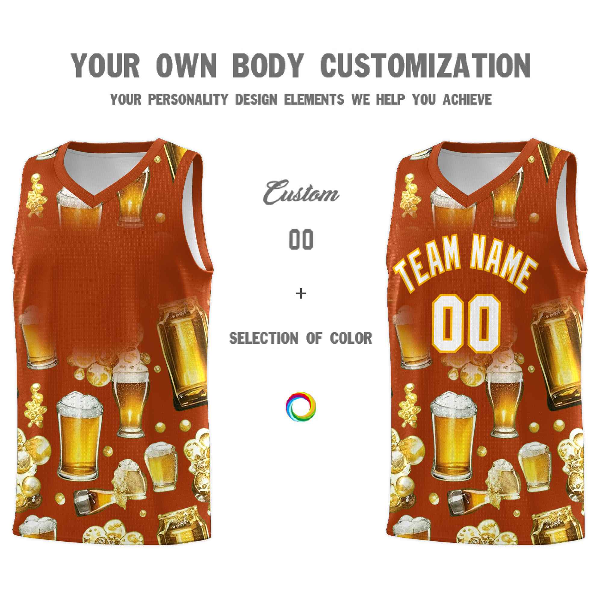 Custom Dark Orange National Beer Day Personalized Beer Bubble Basketball Jersey | Perfect for parties | Dye-sublimation printing | KXKSHOP