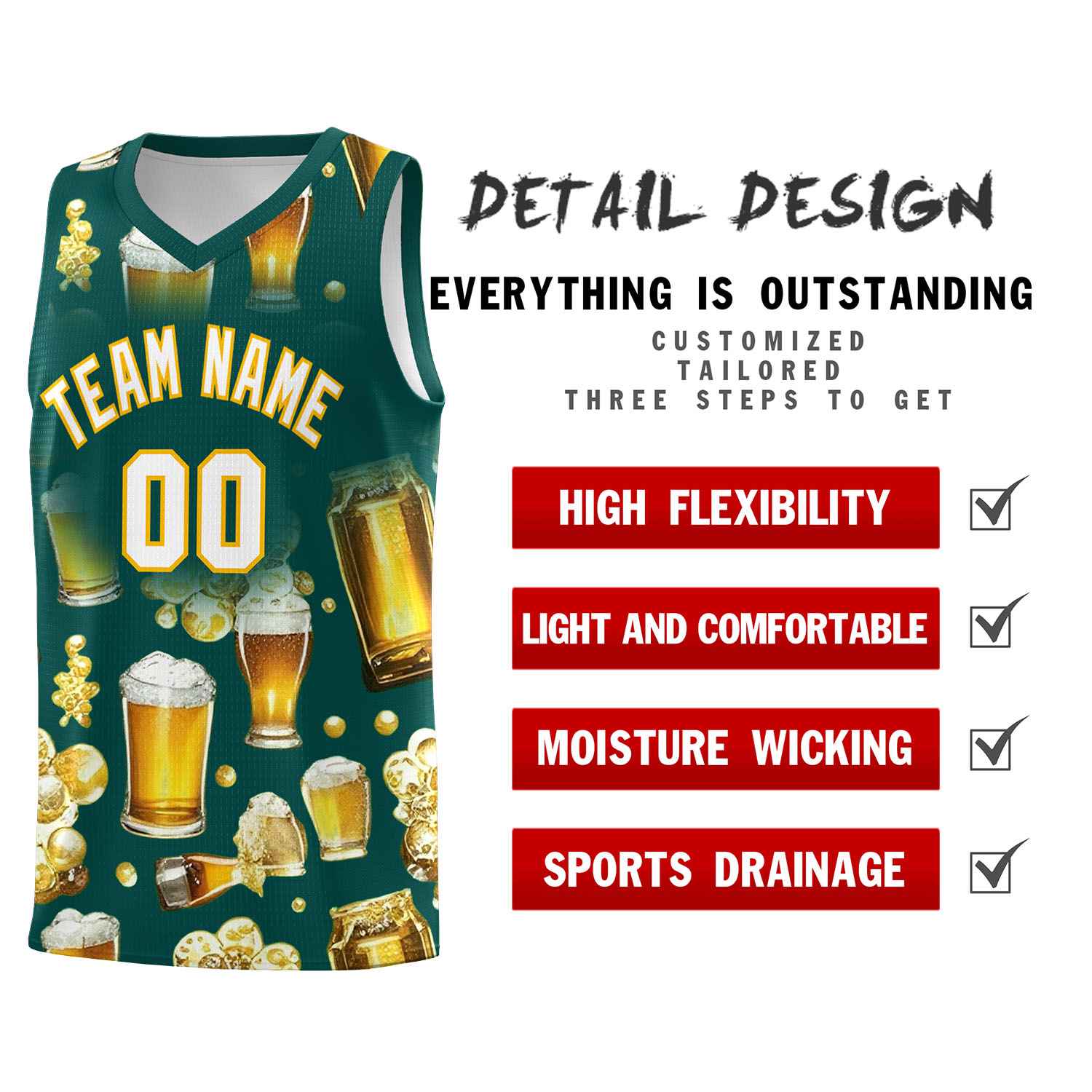 Custom Midnight Green National Beer Day Personalized Beer Bubble Basketball Jersey | Perfect for parties | Dye-sublimation printing | KXKSHOP