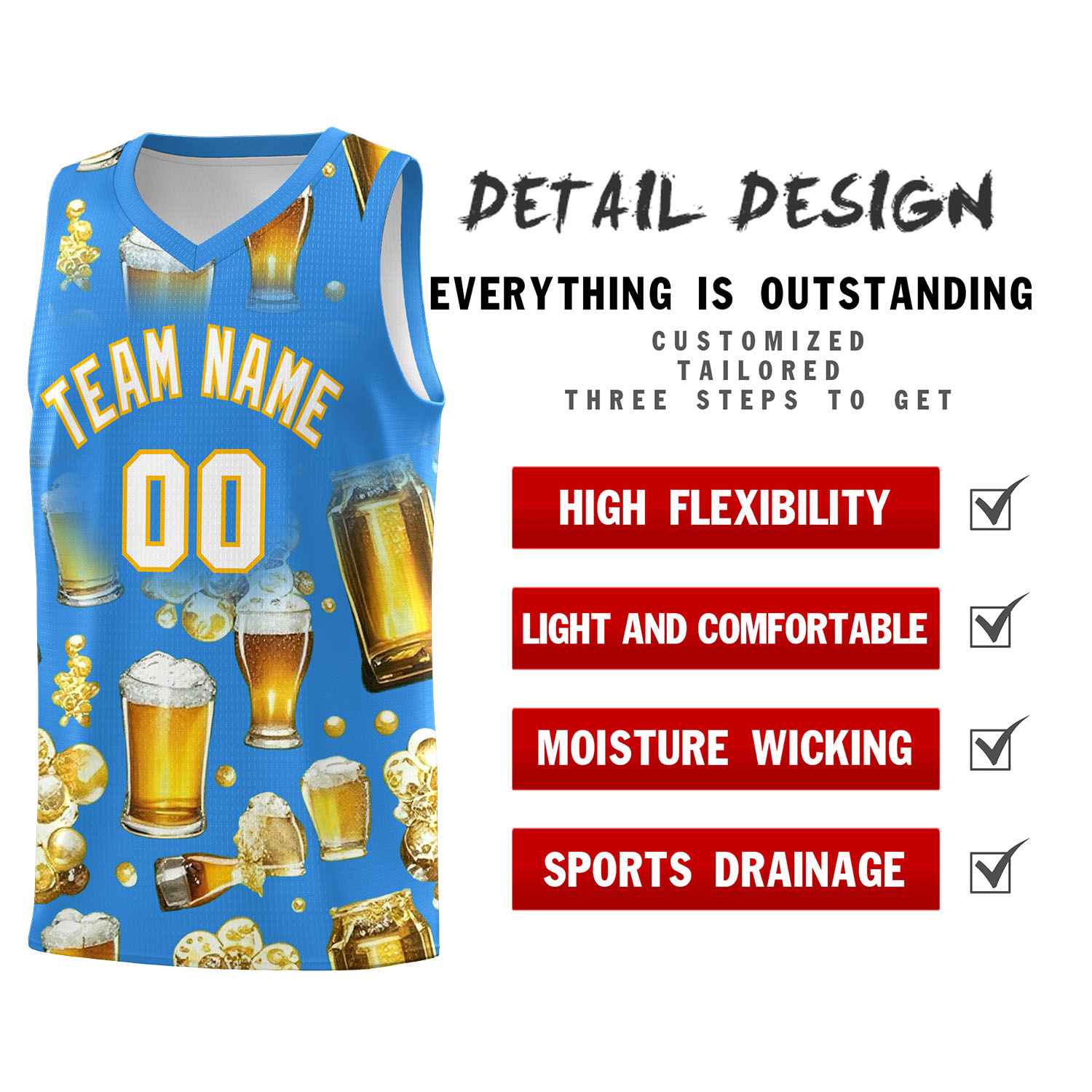 Custom Light Blue National Beer Day Personalized Beer Bubble Basketball Jersey | Perfect for parties | Dye-sublimation printing | KXKSHOP