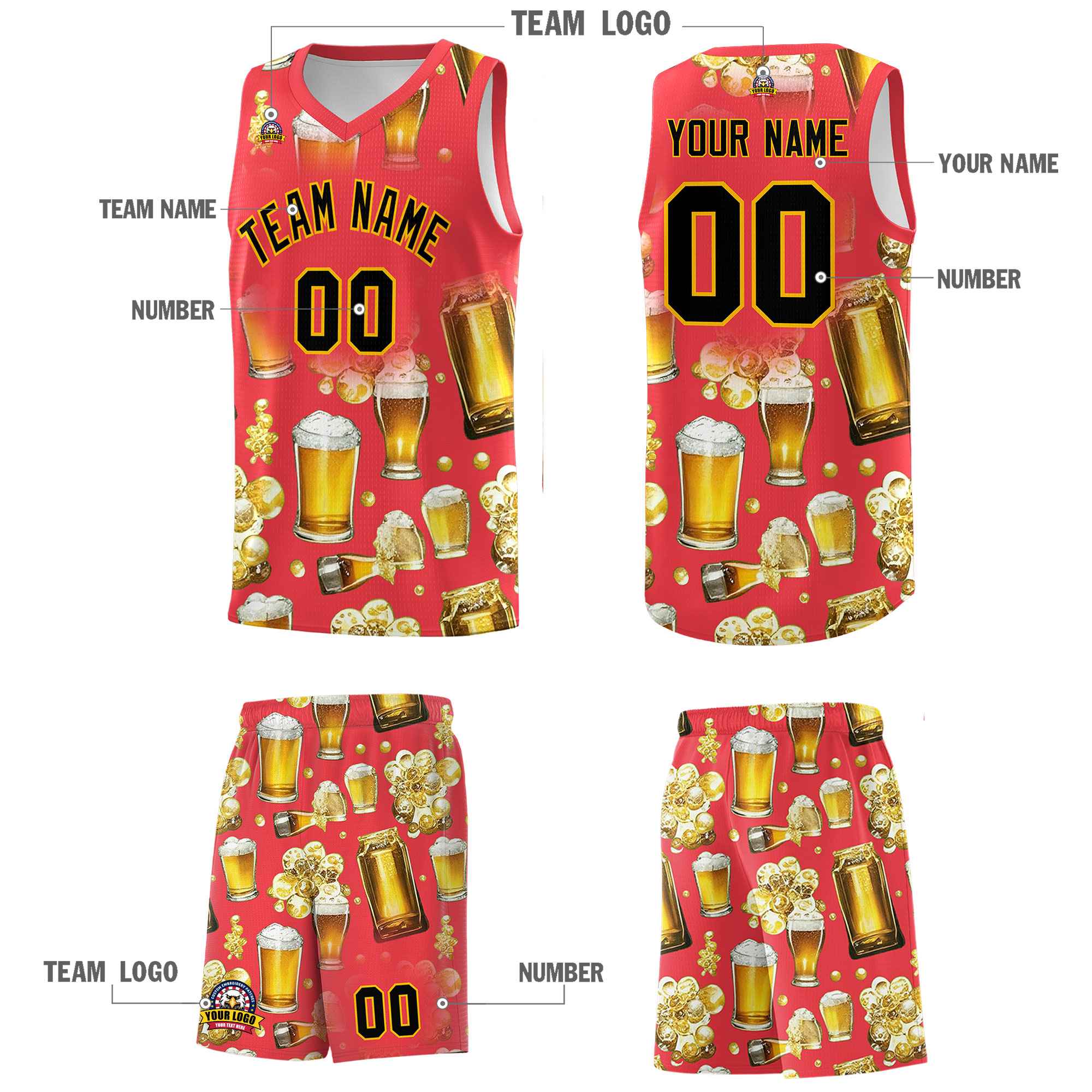 Custom Light Red National Beer Day Personalized Beer Bubble Basketball Jersey | Perfect for parties | Dye-sublimation printing | KXKSHOP