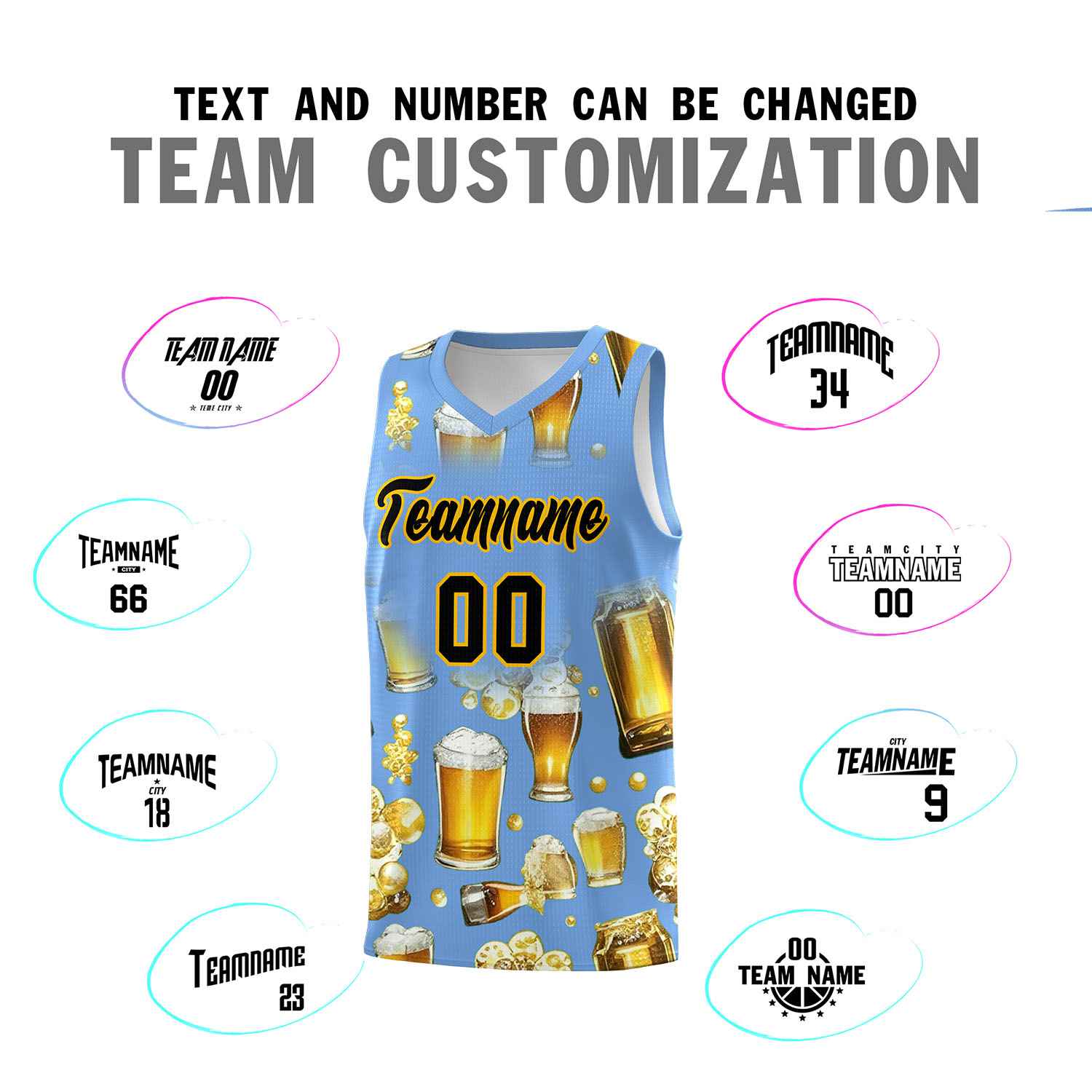 Custom Light Blue National Beer Day Personalized Beer Bubble Basketball Jersey | Perfect for parties | Dye-sublimation printing | KXKSHOP