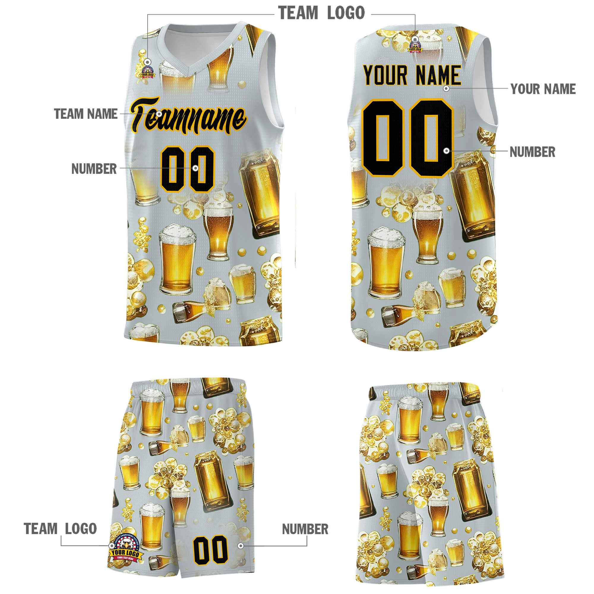 Custom Silver National Beer Day Personalized Beer Bubble Basketball Jersey | Perfect for parties | Dye-sublimation printing | KXKSHOP