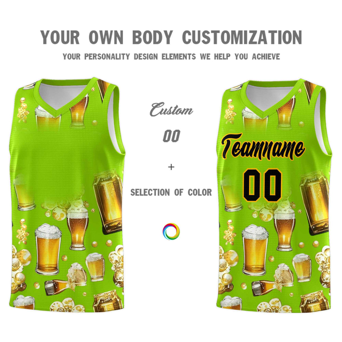 Custom Neon Green National Beer Day Personalized Beer Bubble Basketball Jersey | Perfect for parties | Dye-sublimation printing | KXKSHOP
