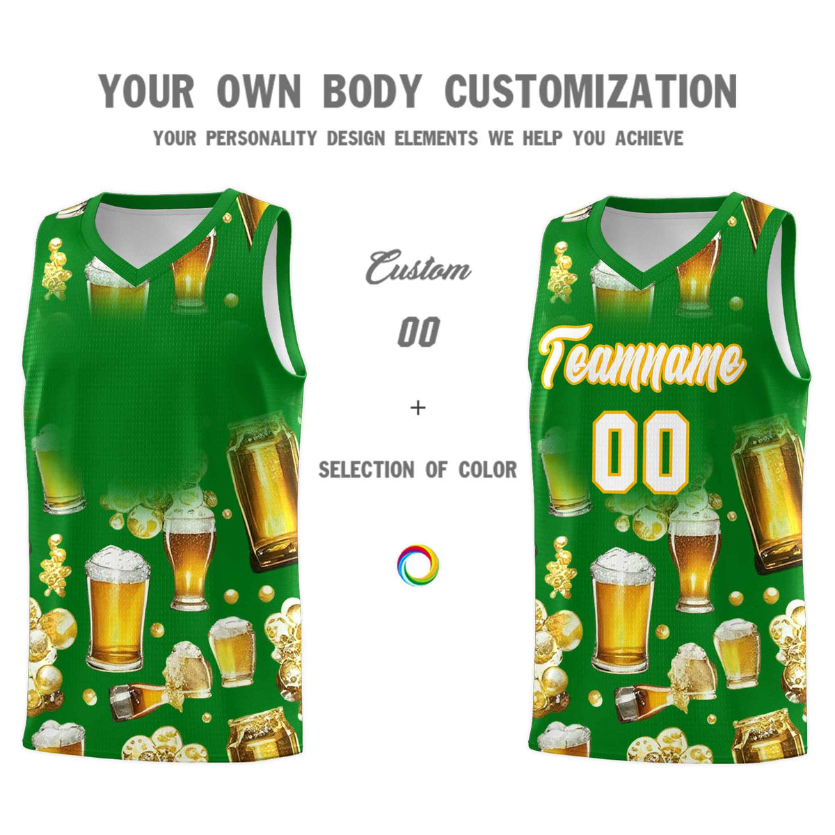 Custom Kelly Green-02 National Beer Day Personalized Beer Bubble Basketball Jersey | Perfect for parties | Dye-sublimation printing | KXKSHOP
