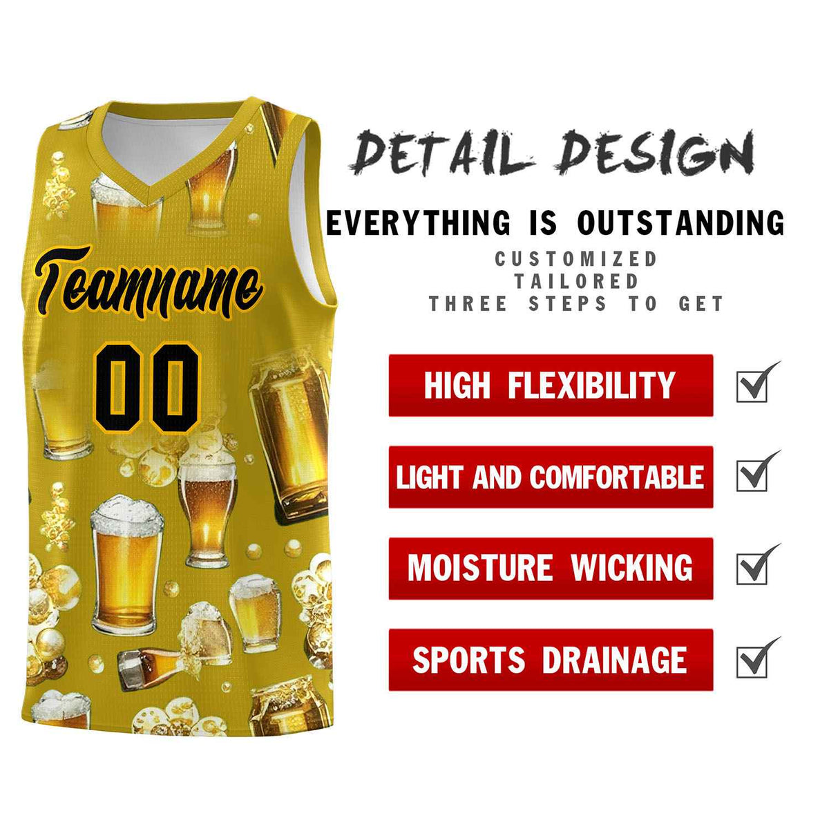 Custom Old Gold National Beer Day Personalized Beer Bubble Basketball Jersey | Perfect for parties | Dye-sublimation printing | KXKSHOP