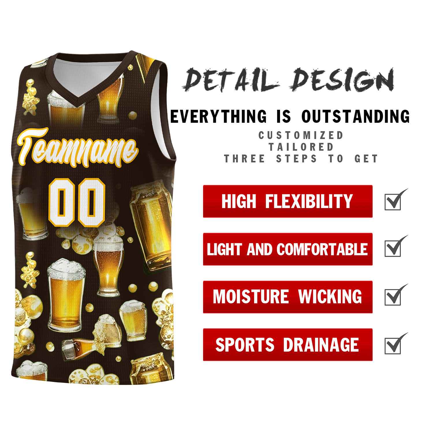 Custom Brown National Beer Day Personalized Beer Bubble Basketball Jersey | Perfect for parties | Dye-sublimation printing | KXKSHOP