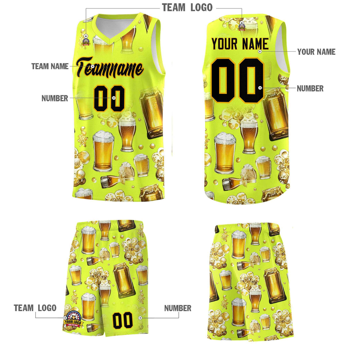 Custom Fluorescent Green National Beer Day Personalized Beer Bubble Basketball Jersey | Perfect for parties | Dye-sublimation printing | KXKSHOP