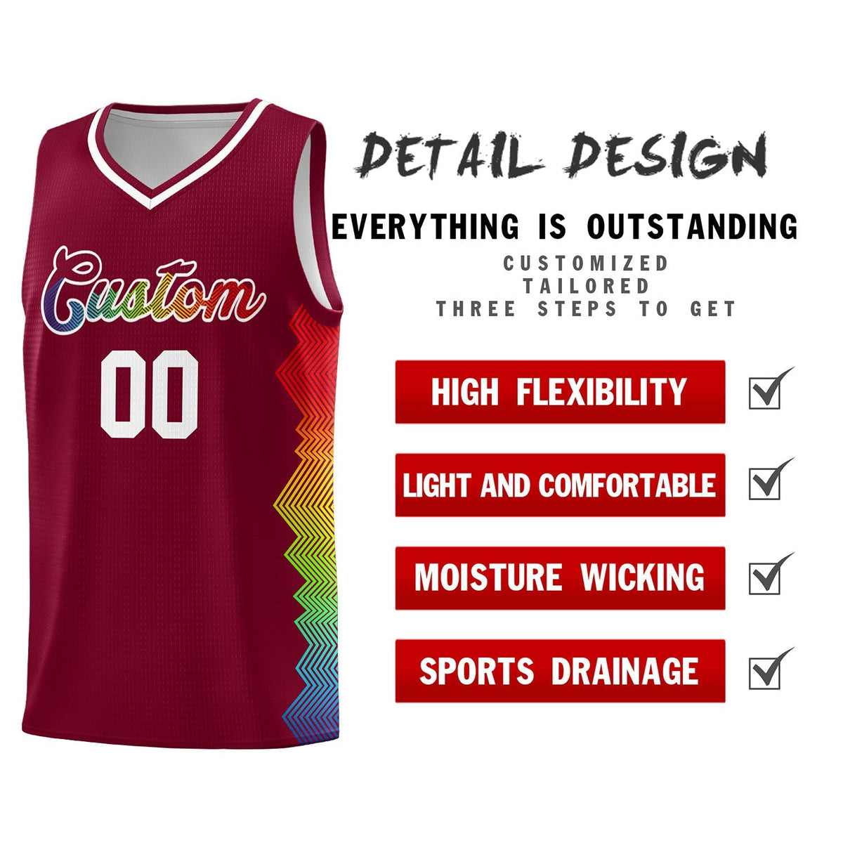 Custom Crimson Denver Nuggets Rainbow Side Sports Uniform Basketball Jersey|KXKSHOP