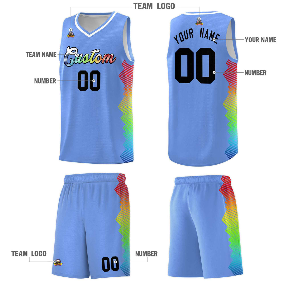 Custom Light Blue Denver Nuggets Rainbow Side Sports Uniform Basketball Jersey|KXKSHOP