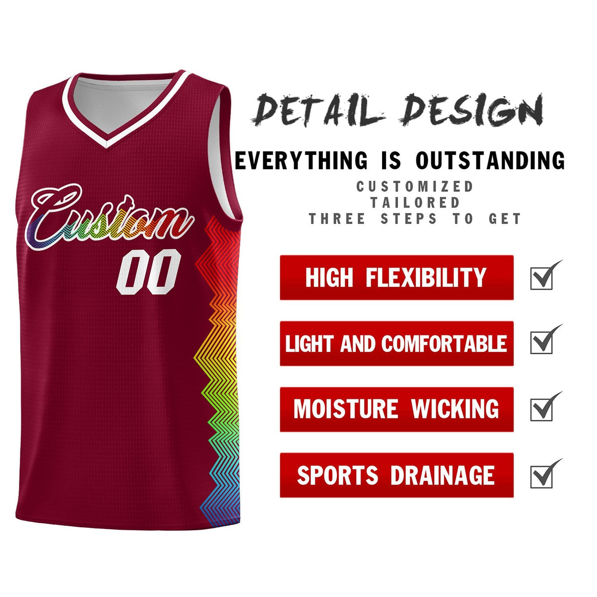 Custom Crimson Denver Nuggets Rainbow Side Sports Uniform Basketball Jersey|KXKSHOP