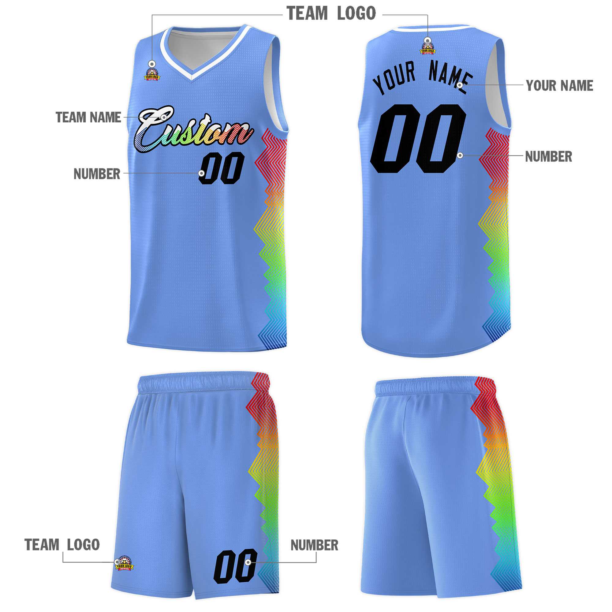 Custom Light Blue Denver Nuggets Rainbow Side Sports Uniform Basketball Jersey|KXKSHOP